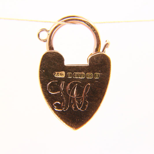 Vintage 9ct Gold Heart Lock Charm – Engraved Hallmarked Yellow Gold