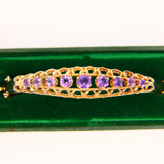 Vintage 9ct Amethyst Bangle – Hallmarked Hinged Yellow Gold 57mm