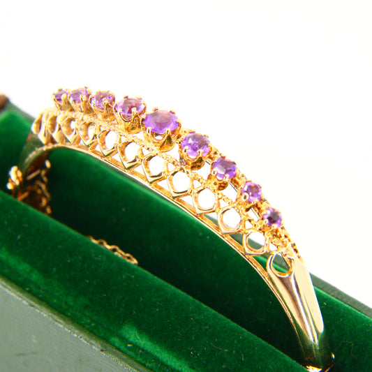 Vintage 9ct Amethyst Bangle – Hallmarked Hinged Yellow Gold 57mm