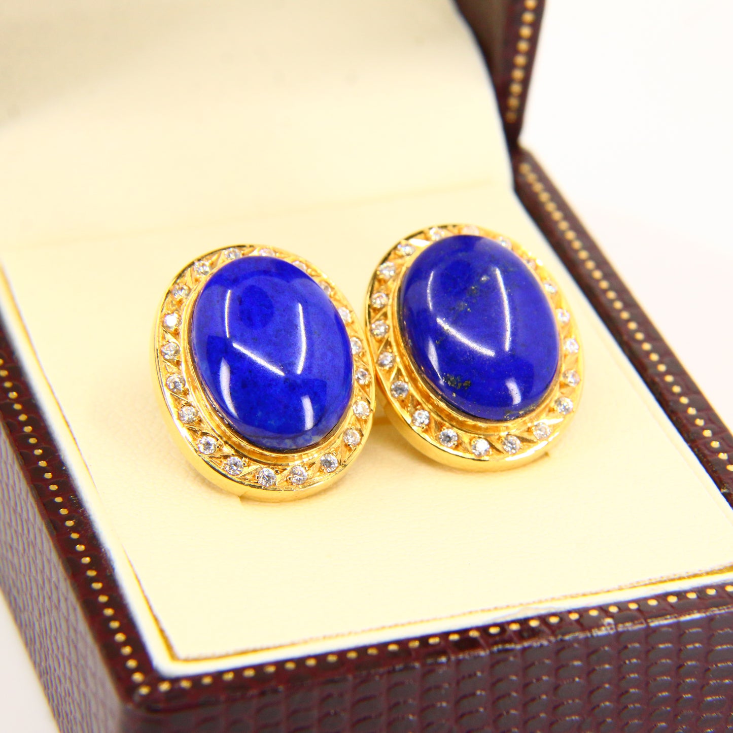 Vintage 18ct Lapis & CZ Earrings – Orintio Joyeros – Gold Earrings Boxed Gift