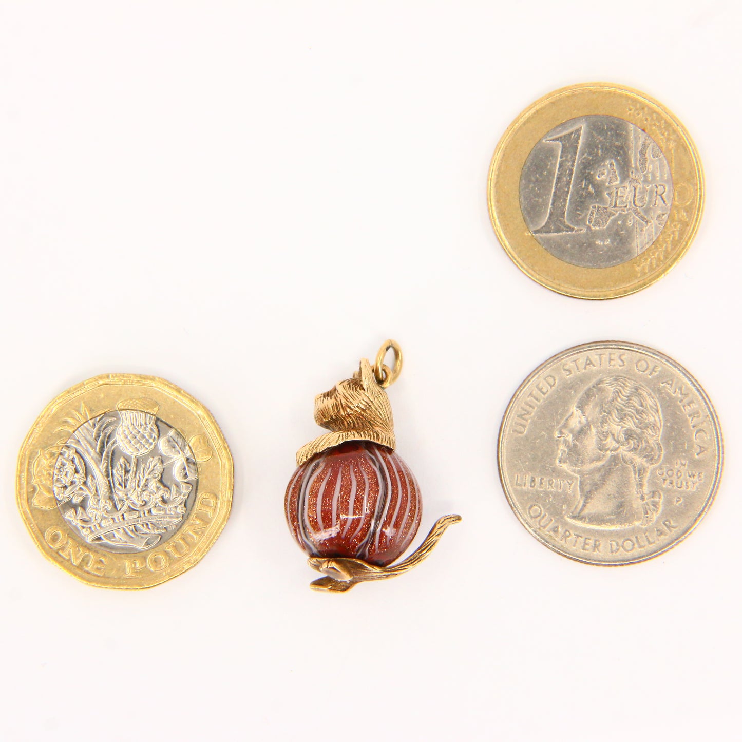 Vintage 9ct Gold Cat Charm Pendant with Goldstone Ball Feline Gift