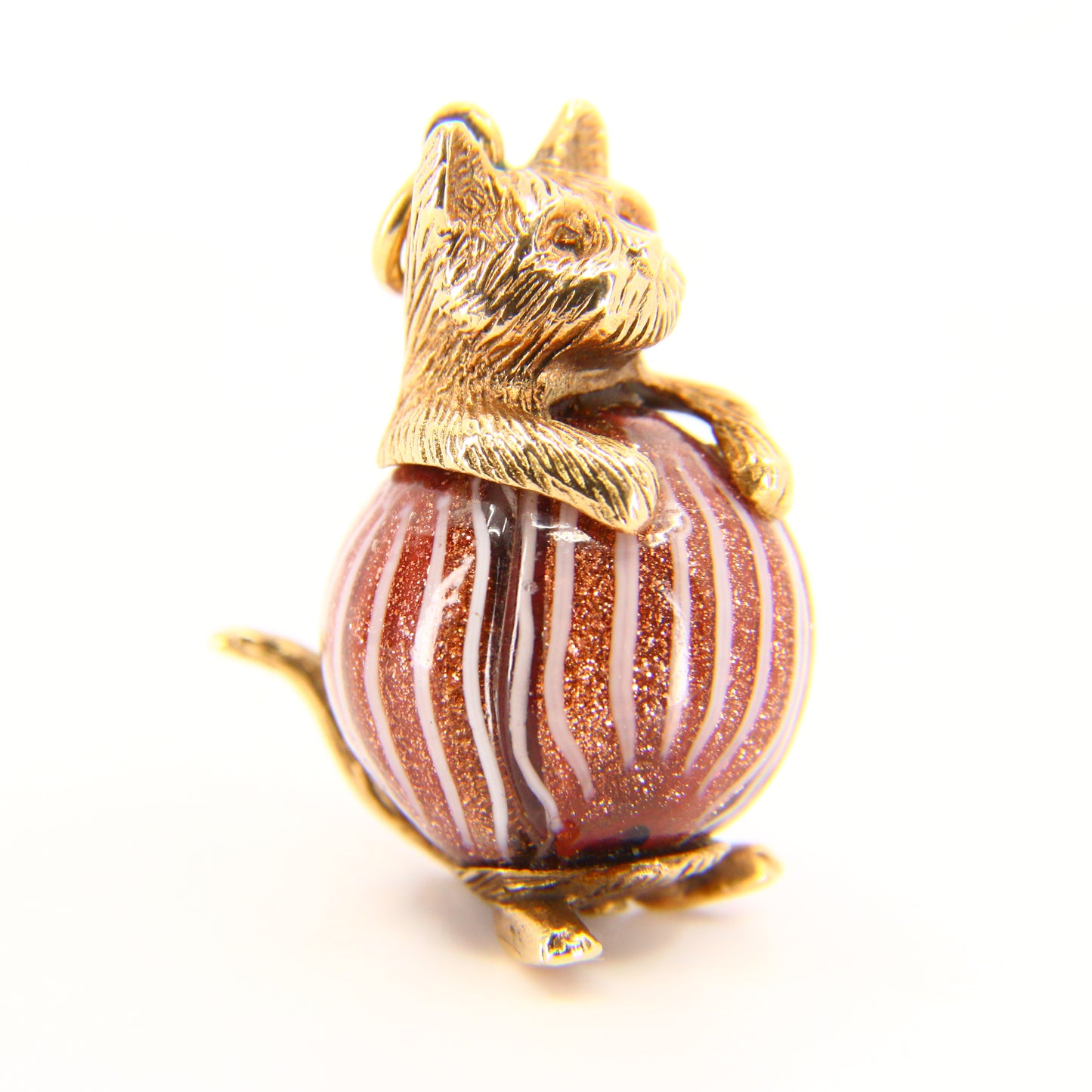 Vintage 9ct Gold Cat Charm Pendant with Goldstone Ball Feline Gift