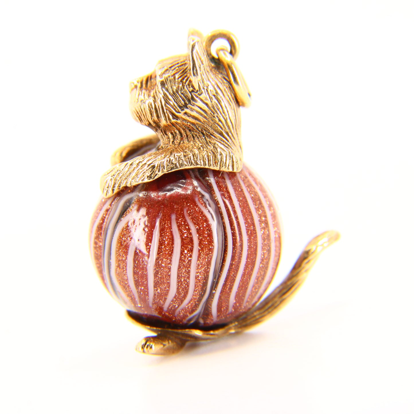 Vintage 9ct Gold Cat Charm Pendant with Goldstone Ball Feline Gift