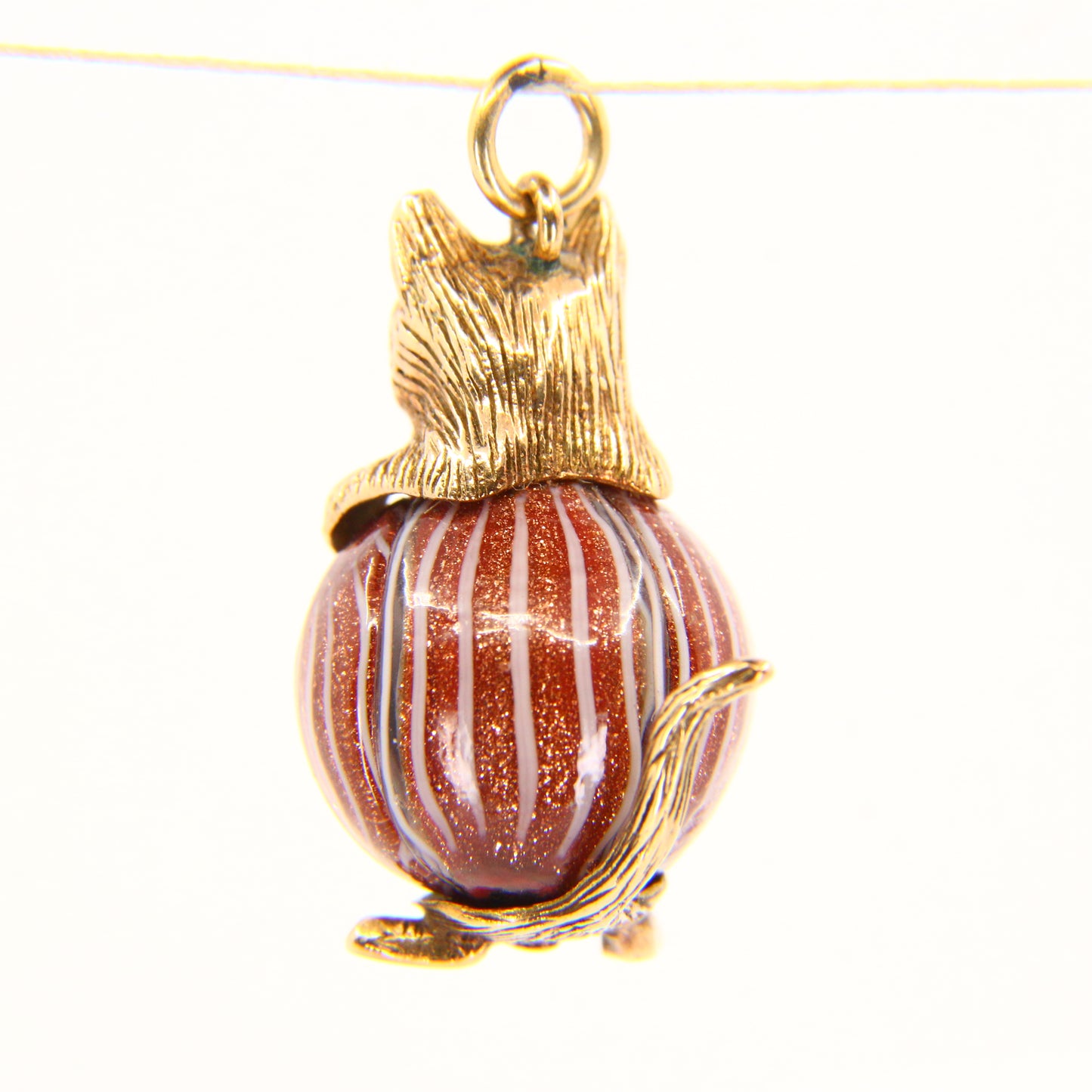 Vintage 9ct Gold Cat Charm Pendant with Goldstone Ball Feline Gift