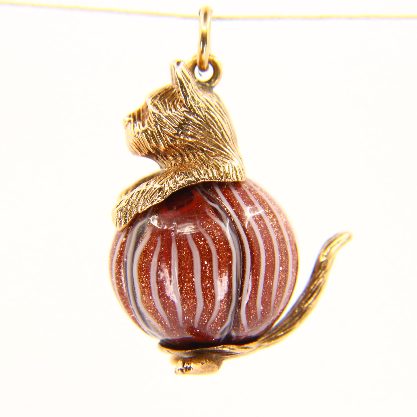 Vintage 9ct Gold Cat Charm Pendant with Goldstone Ball Feline Gift