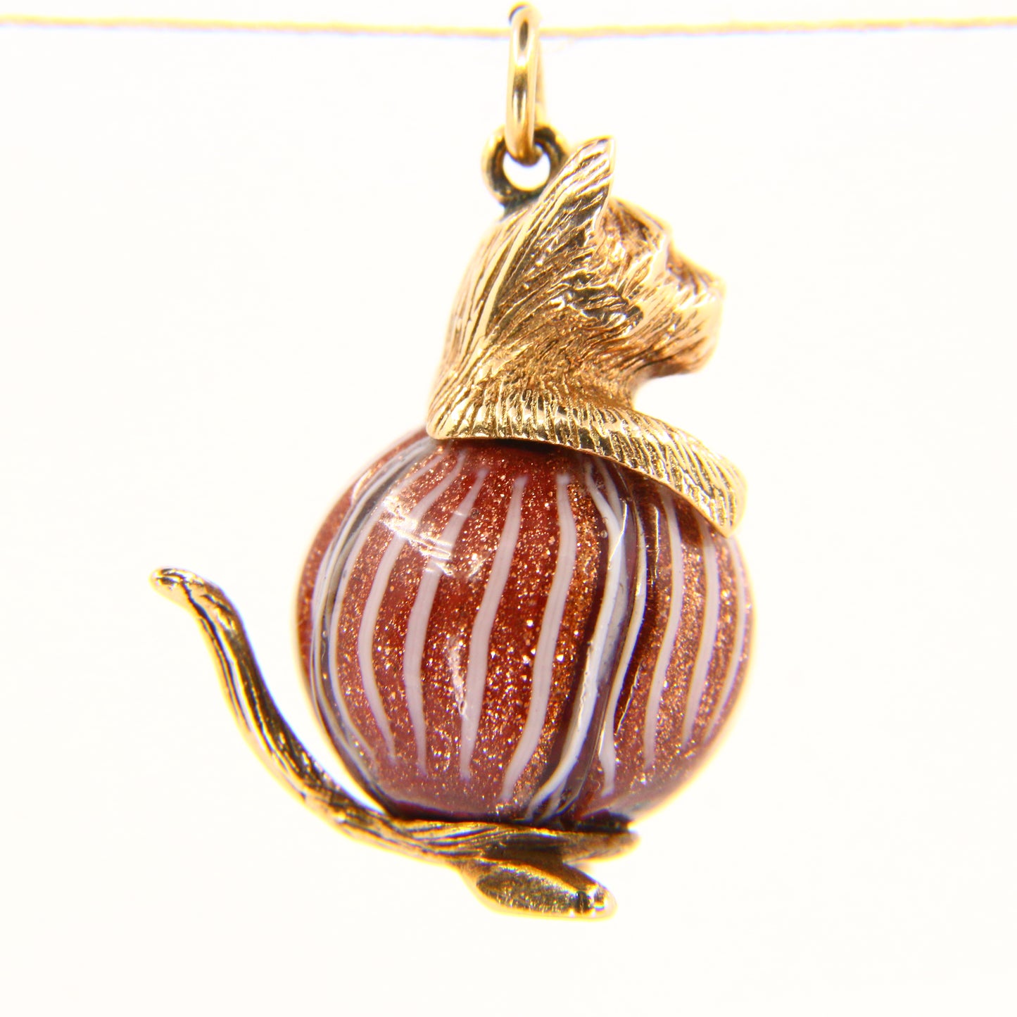 Vintage 9ct Gold Cat Charm Pendant with Goldstone Ball Feline Gift
