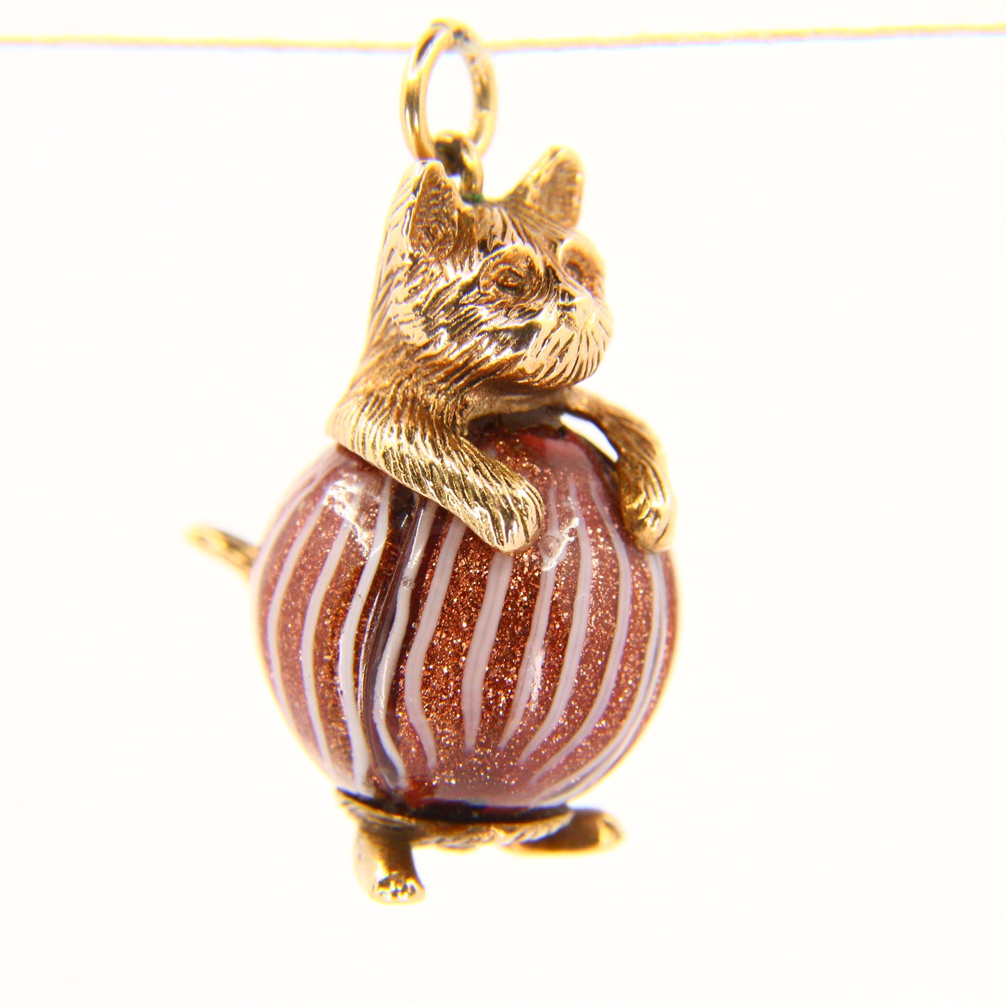 Vintage 9ct Gold Cat Charm Pendant with Goldstone Ball Feline Gift
