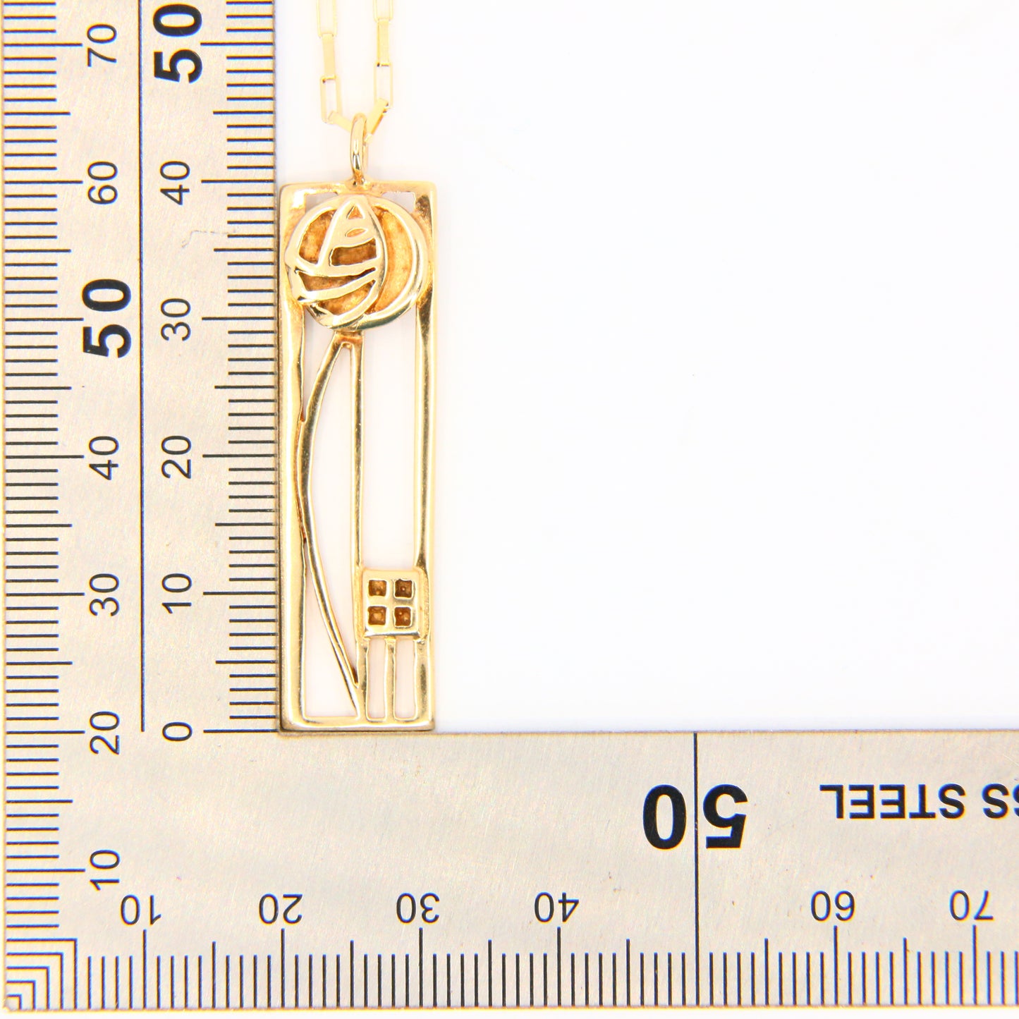 Vintage 9ct Charles Rennie Mackintosh Jewellery Set Chain Pendant Necklace & Earrings Hallmarked Yellow Gold Boxed