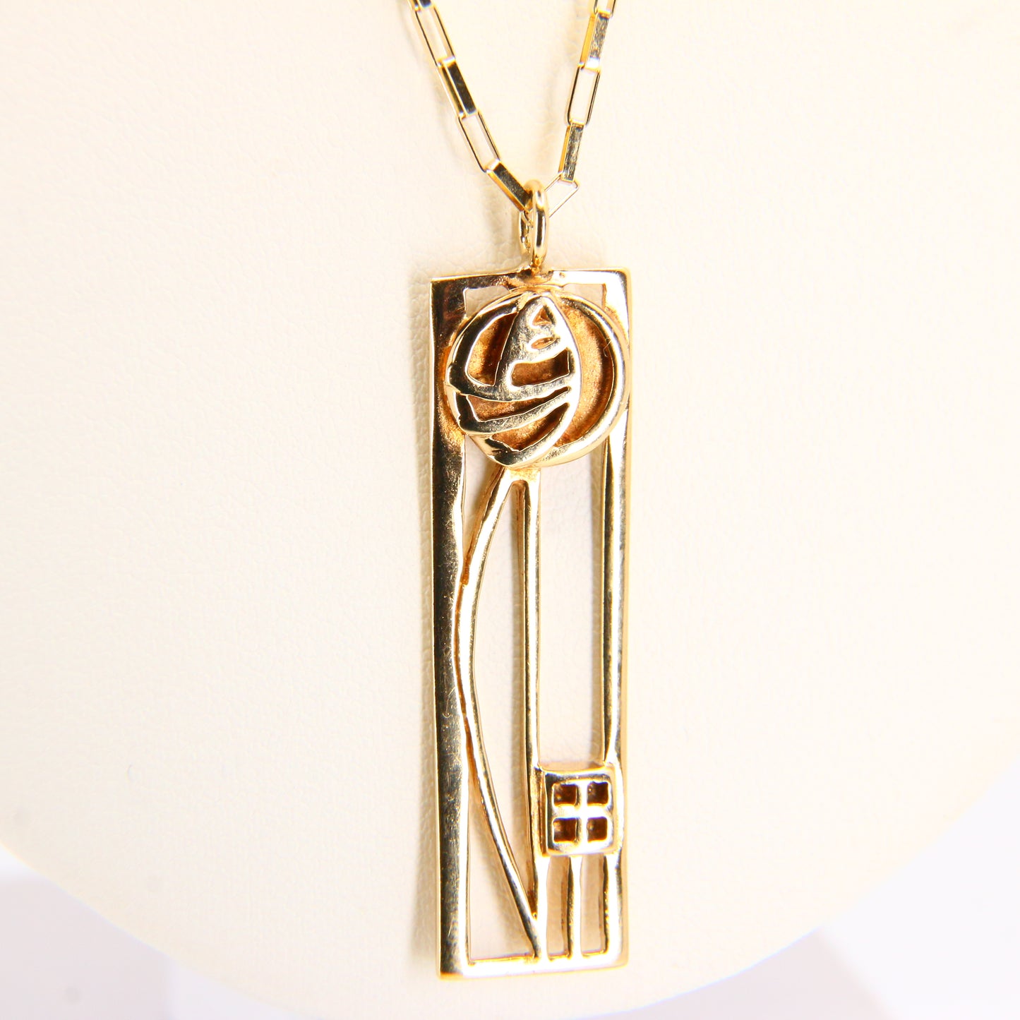 Vintage 9ct Charles Rennie Mackintosh Jewellery Set Chain Pendant Necklace & Earrings Hallmarked Yellow Gold Boxed