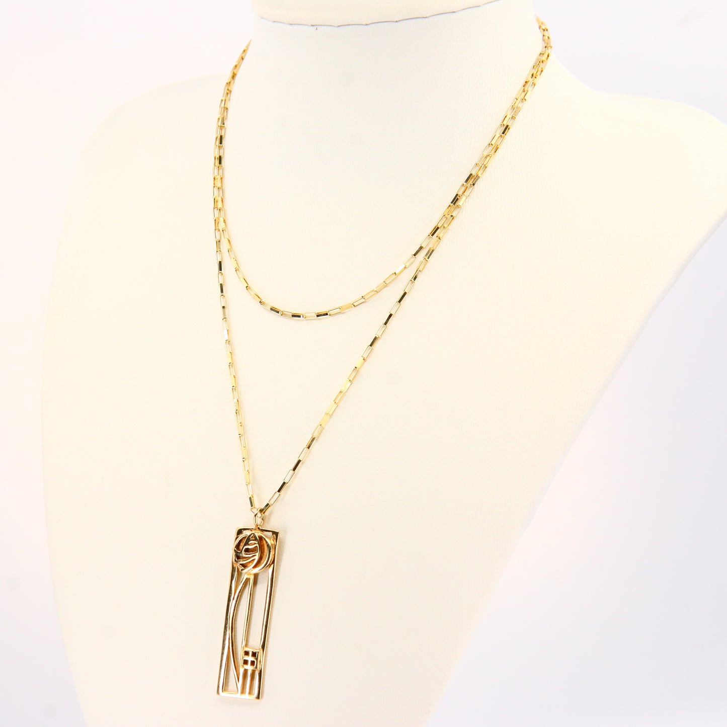 Vintage 9ct Charles Rennie Mackintosh Jewellery Set Chain Pendant Necklace & Earrings Hallmarked Yellow Gold Boxed