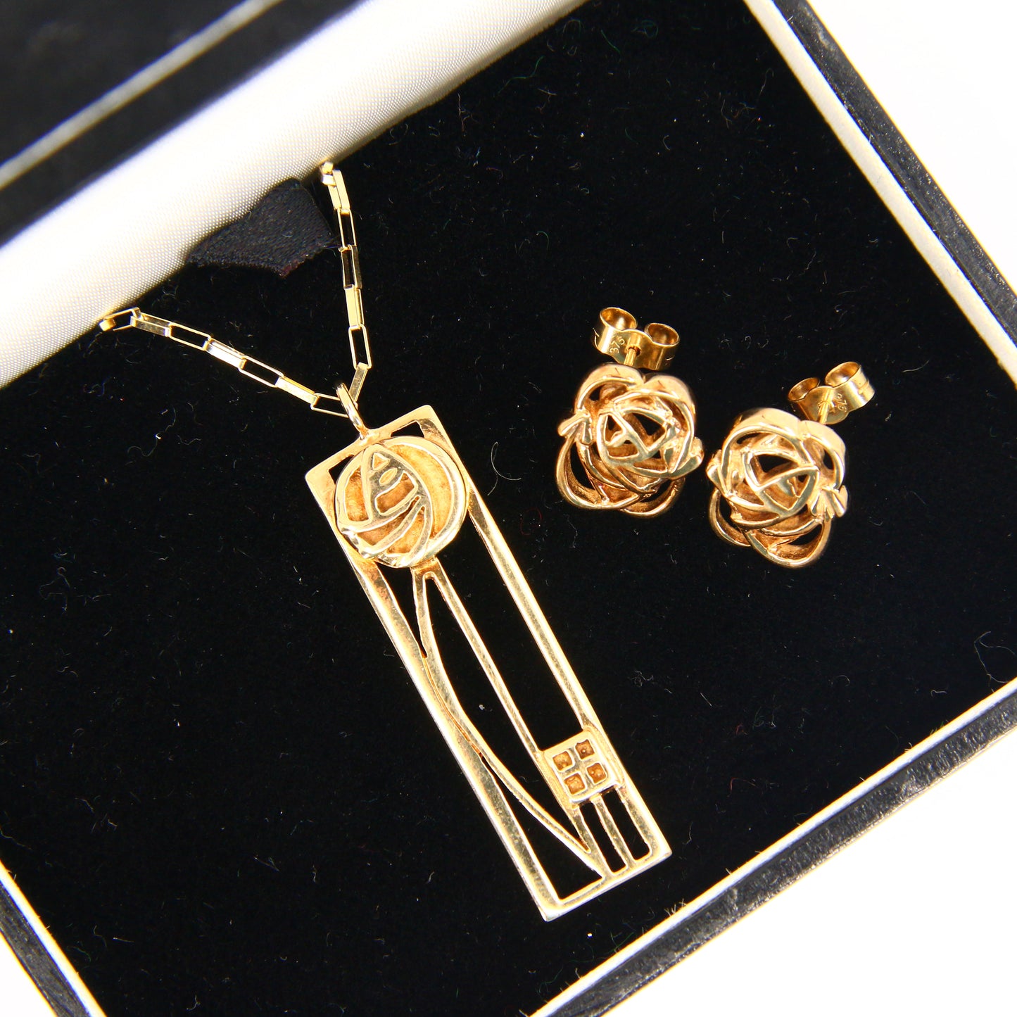 Vintage 9ct Charles Rennie Mackintosh Jewellery Set Chain Pendant Necklace & Earrings Hallmarked Yellow Gold Boxed