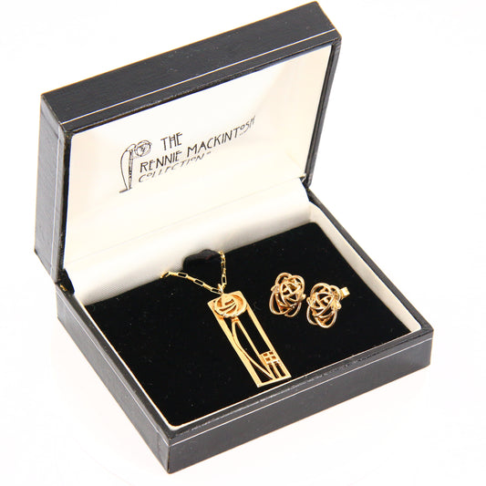 Vintage 9ct Charles Rennie Mackintosh Jewellery Set Chain Pendant Necklace & Earrings Hallmarked Yellow Gold Boxed