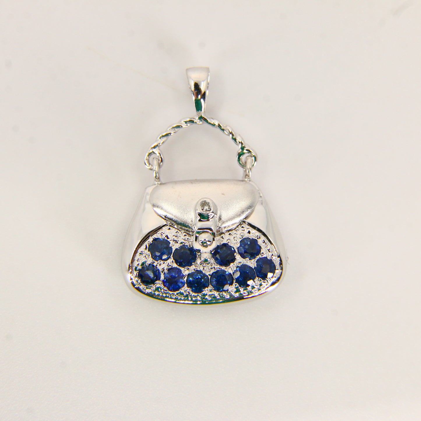 Vintage 14K White Gold Handbag Charm Blue Spinel Pendant Solid Gift