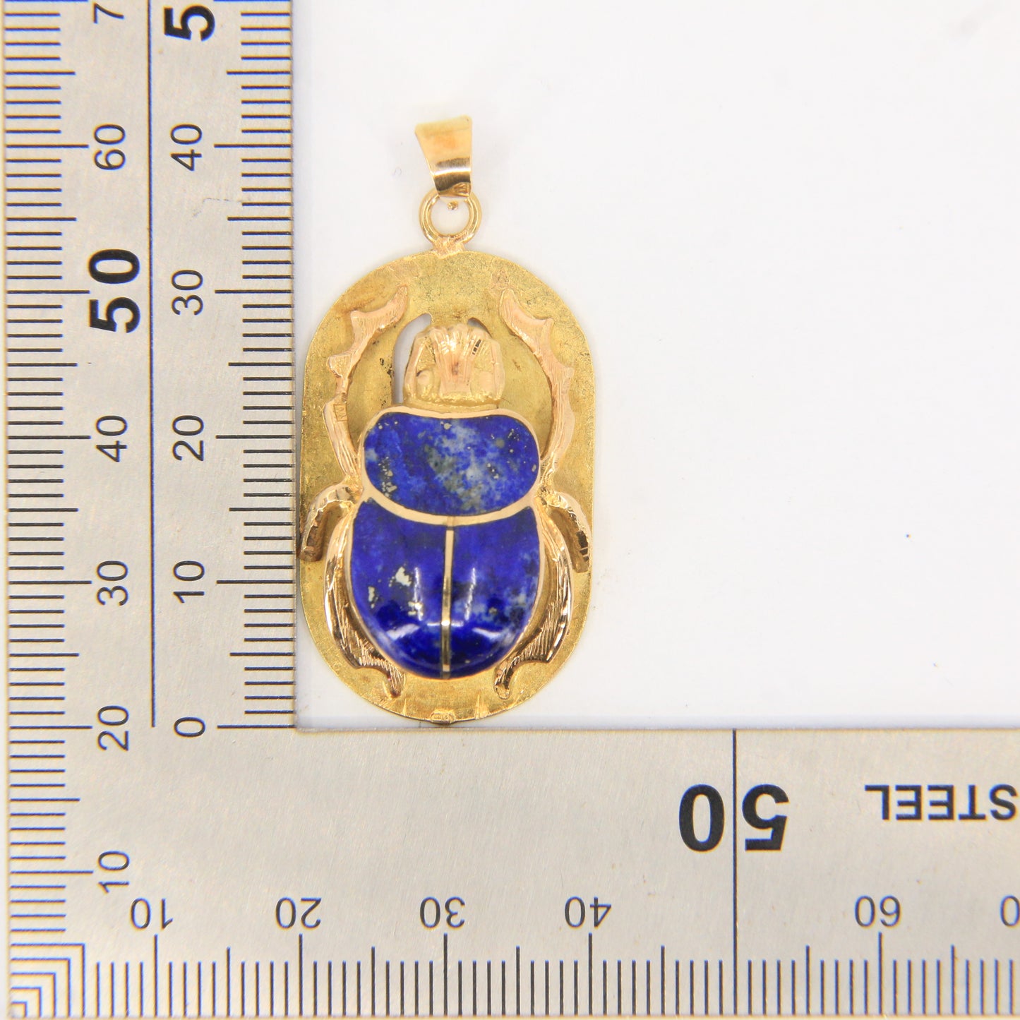 Vintage 18k Yellow Gold Lapis Lazuli Scarab Beetle Egyptian Pendant Hieroglyphs