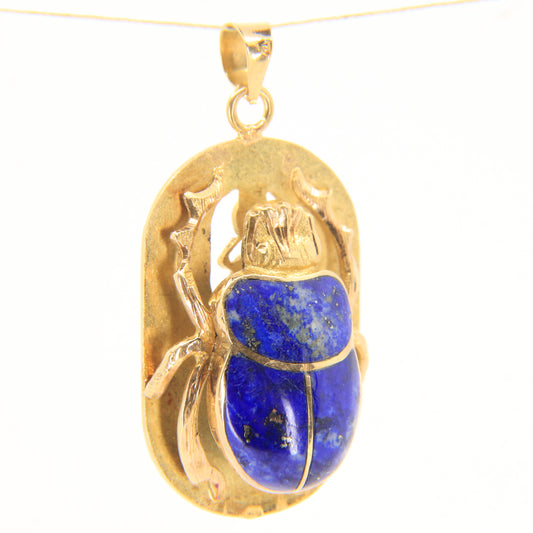 Vintage 18k Yellow Gold Lapis Lazuli Scarab Beetle Egyptian Pendant Hieroglyphs