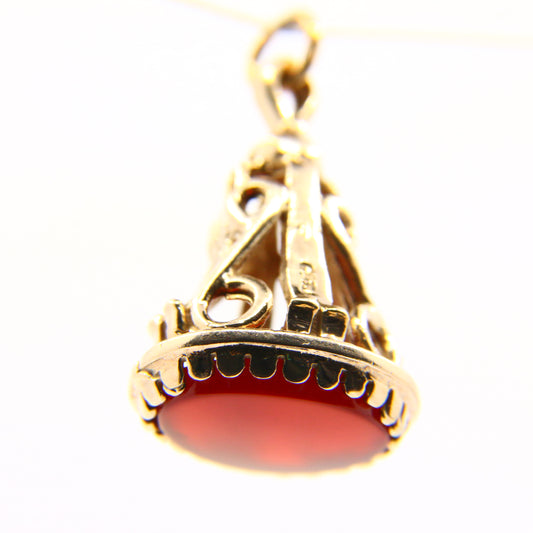 Vintage 9ct Cornellian Stone Drop Fob Charm Hallmarked Yellow Gold Red Pendant