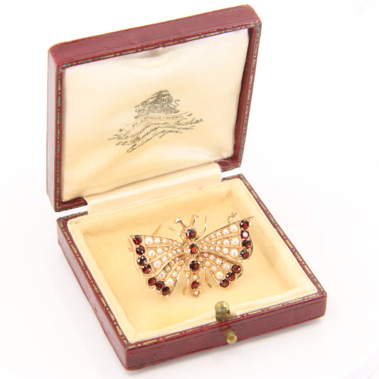 Vintage 9ct Hallmarked Gold Butterfly Brooch Seed Pearl & Garnet Boxed Gift