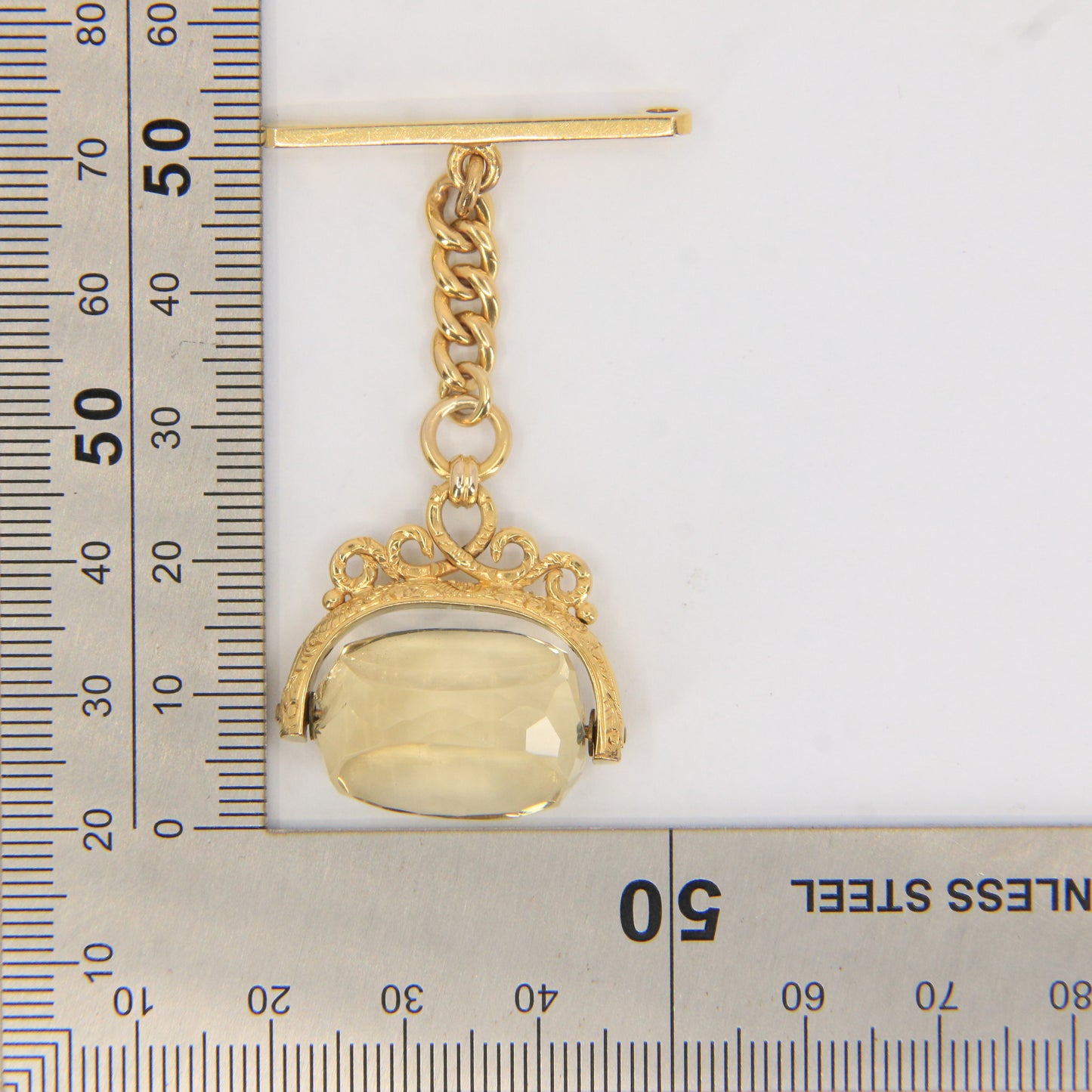 Antique 9ct Hallmarked Gold Spinner Fob – Citrine Brooch & Chain