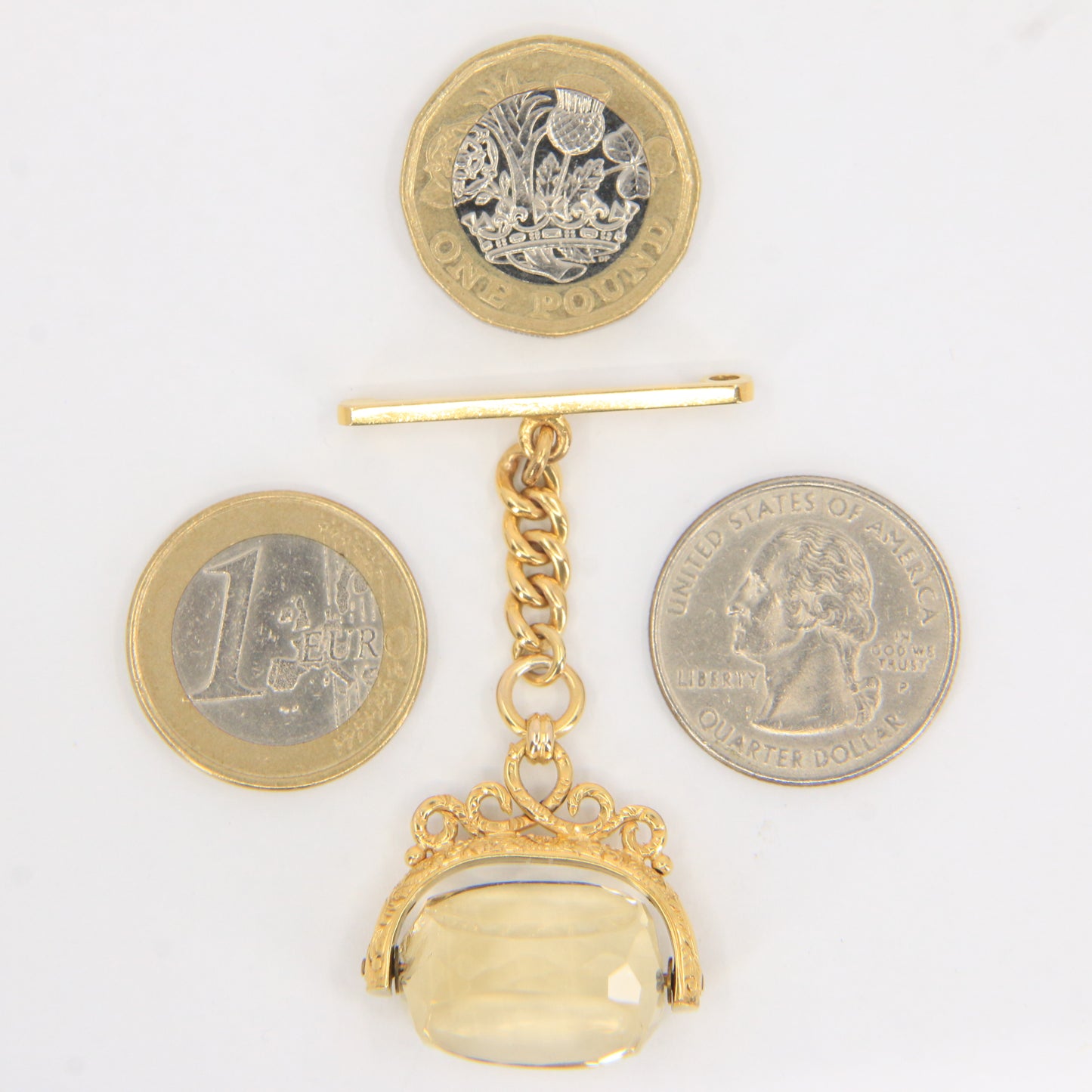 Antique 9ct Hallmarked Gold Spinner Fob – Citrine Brooch & Chain