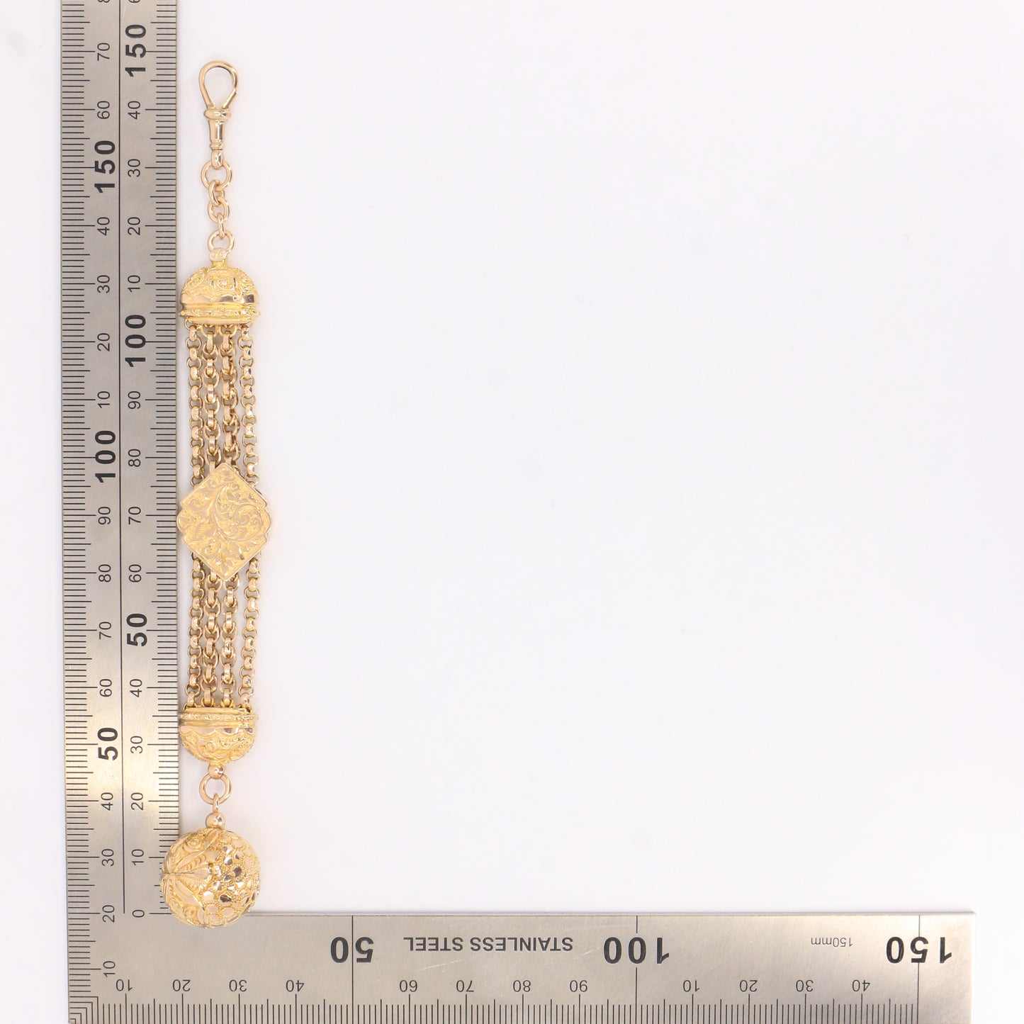 Antique 9ct Solid Gold Albertina Chain – 6" Floral Ball Fob Drop