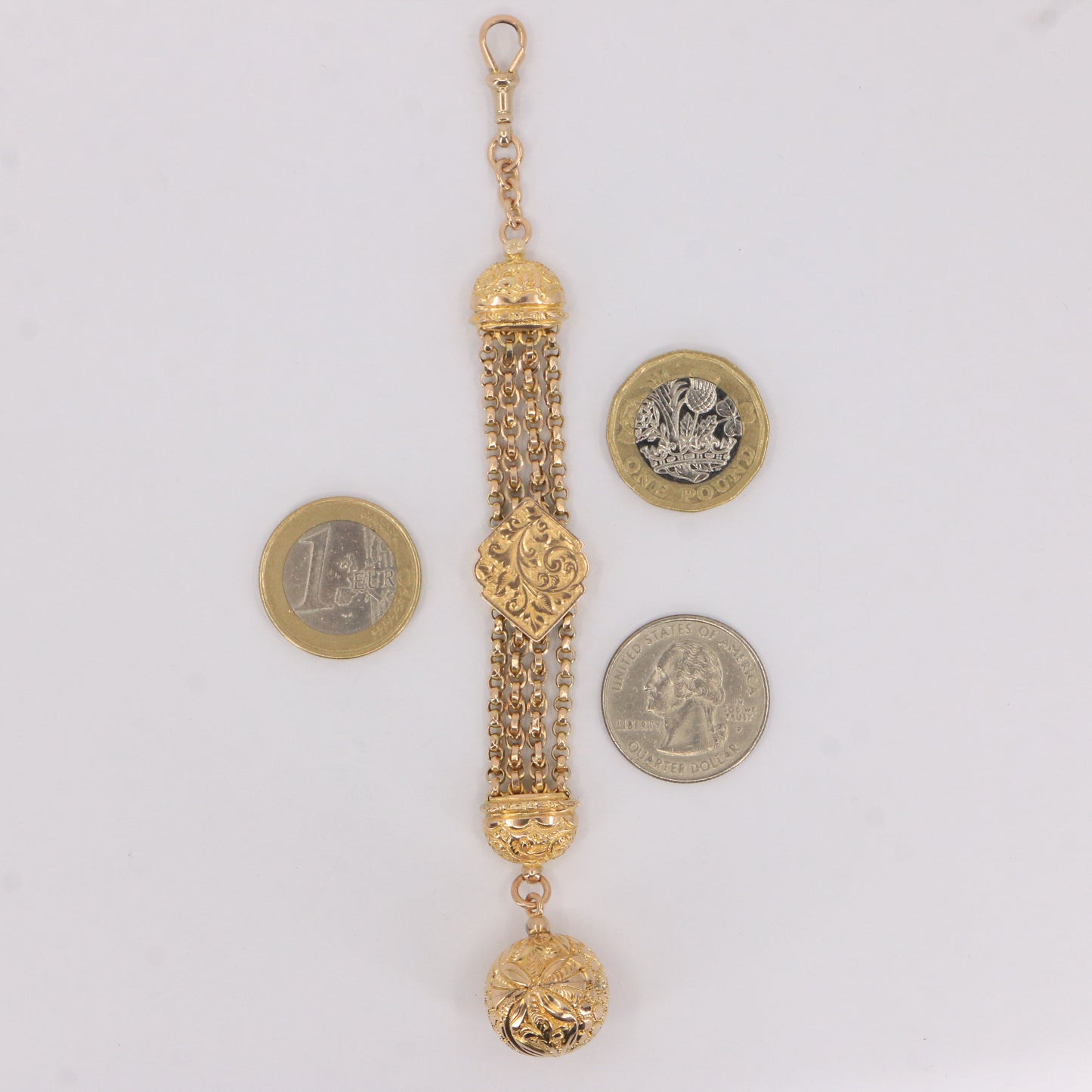 Antique 9ct Solid Gold Albertina Chain – 6" Floral Ball Fob Drop