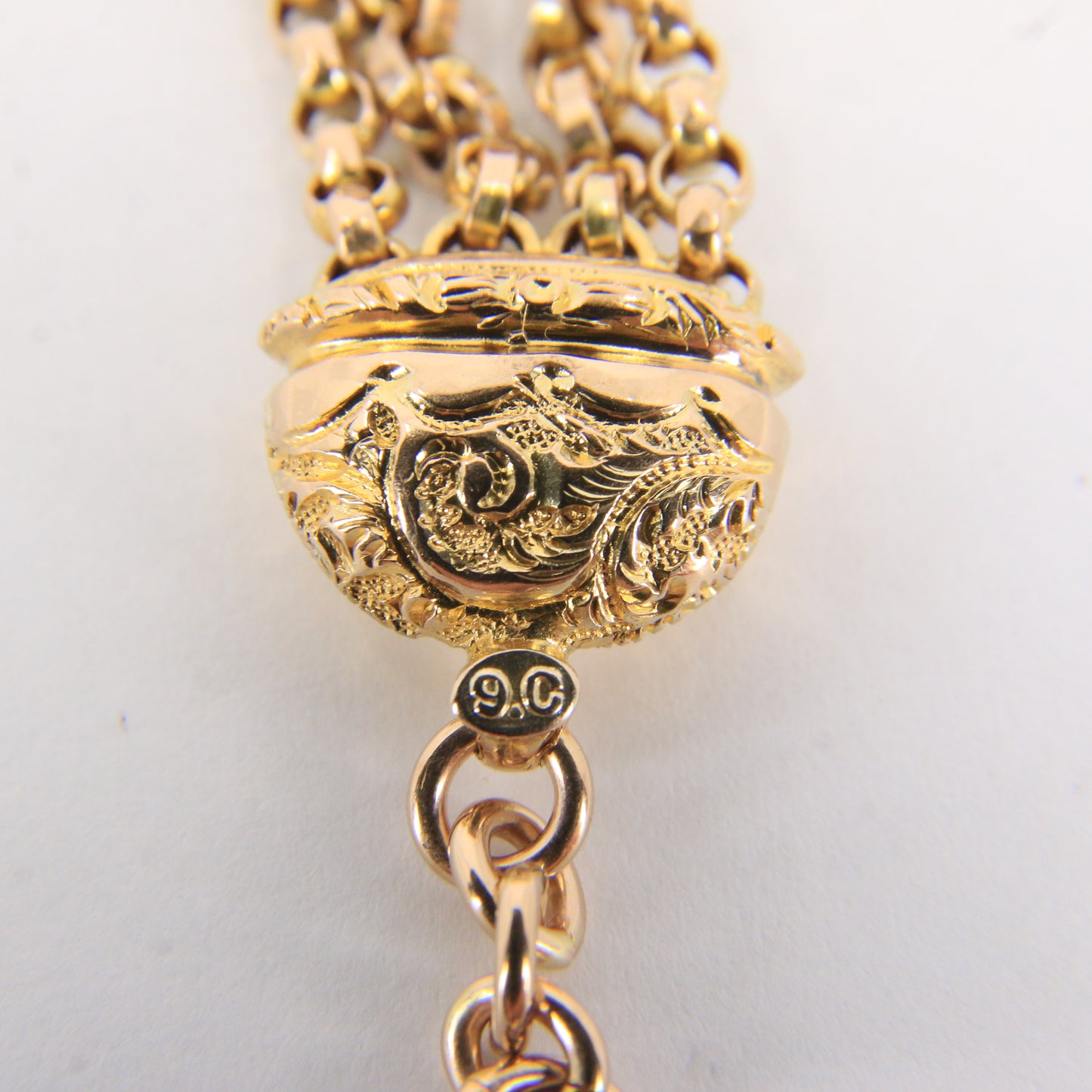 Antique 9ct Solid Gold Albertina Chain – 6" Floral Ball Fob Drop