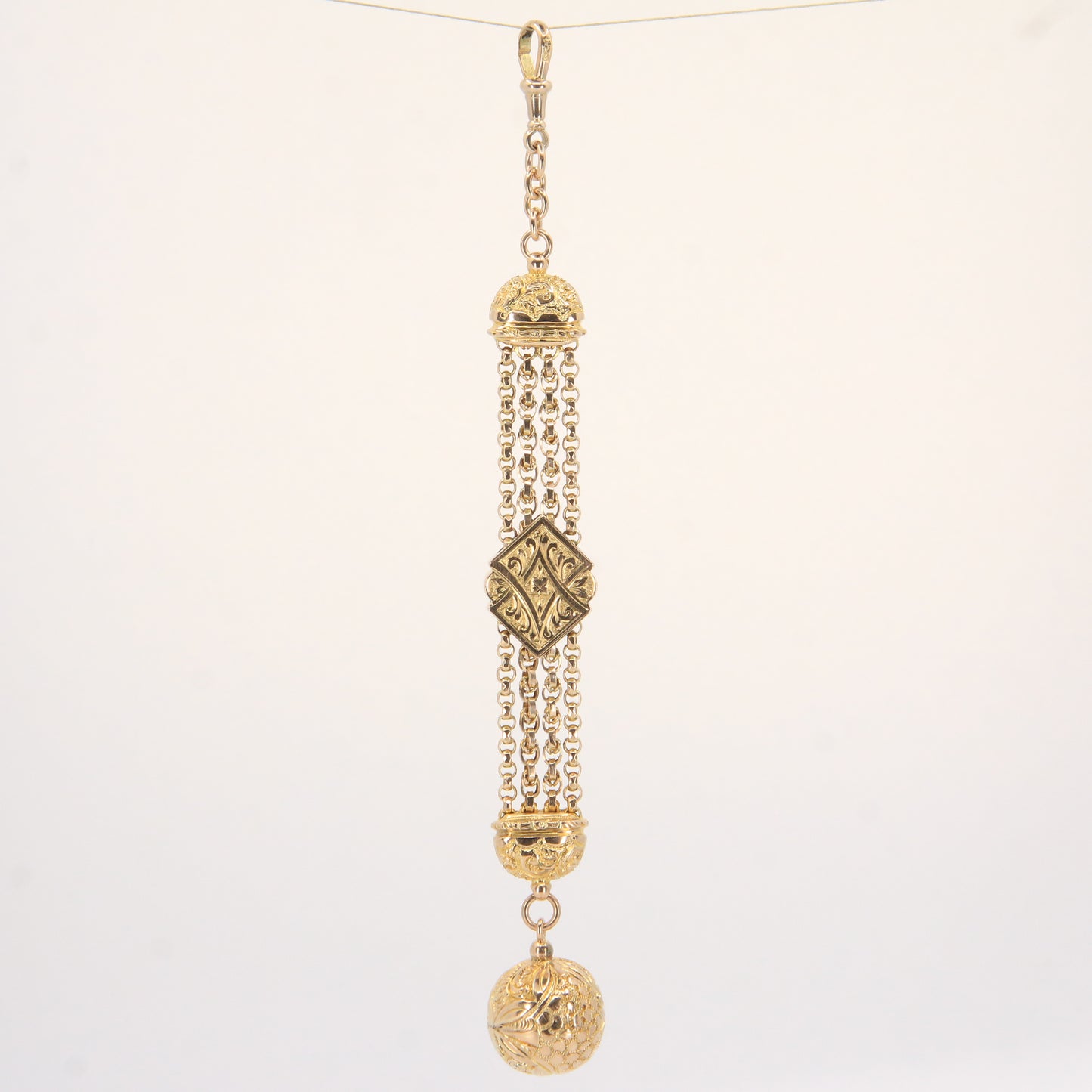 Antique 9ct Solid Gold Albertina Chain – 6" Floral Ball Fob Drop