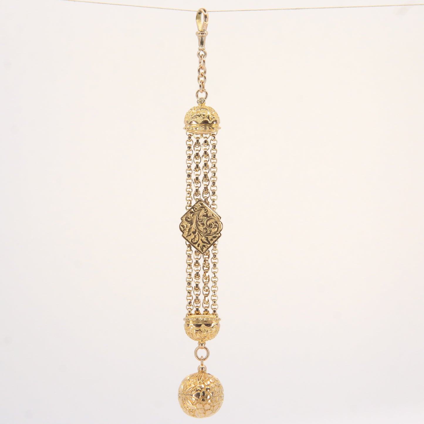 Antique 9ct Solid Gold Albertina Chain – 6" Floral Ball Fob Drop