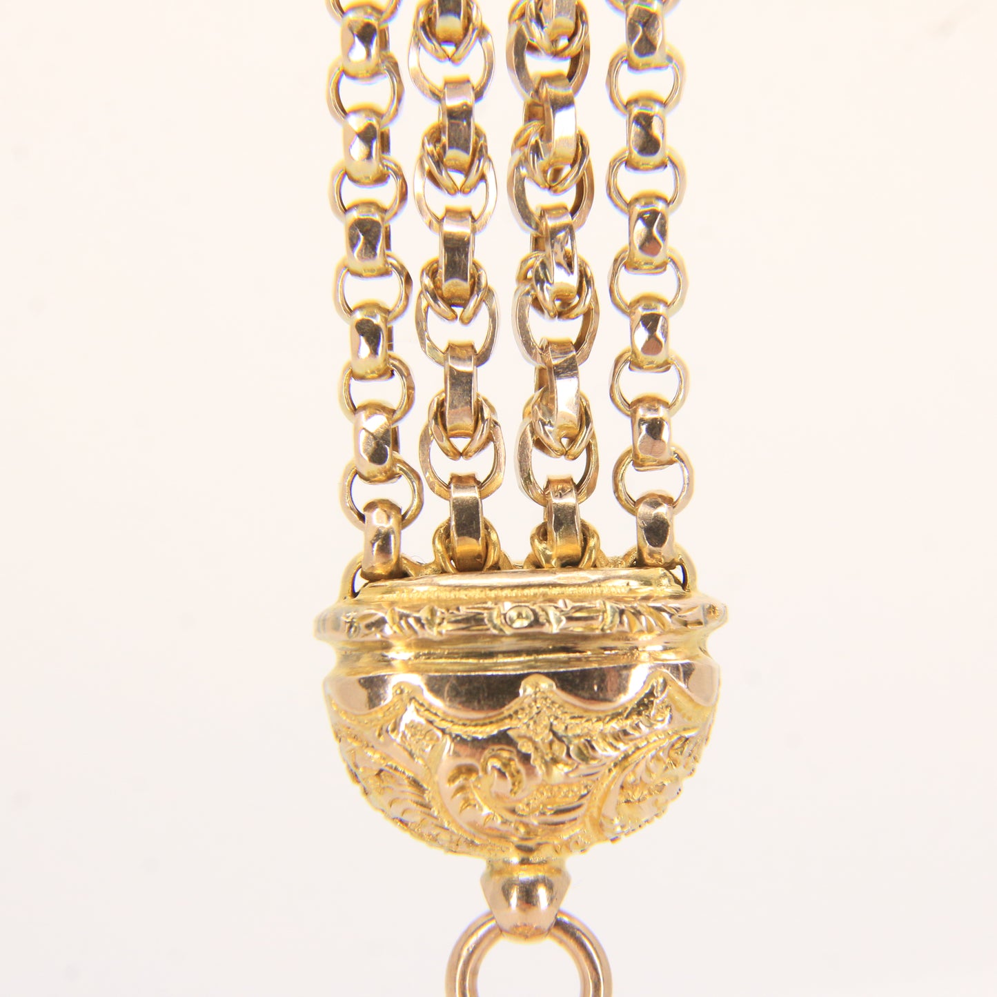 Antique 9ct Solid Gold Albertina Chain – 6" Floral Ball Fob Drop