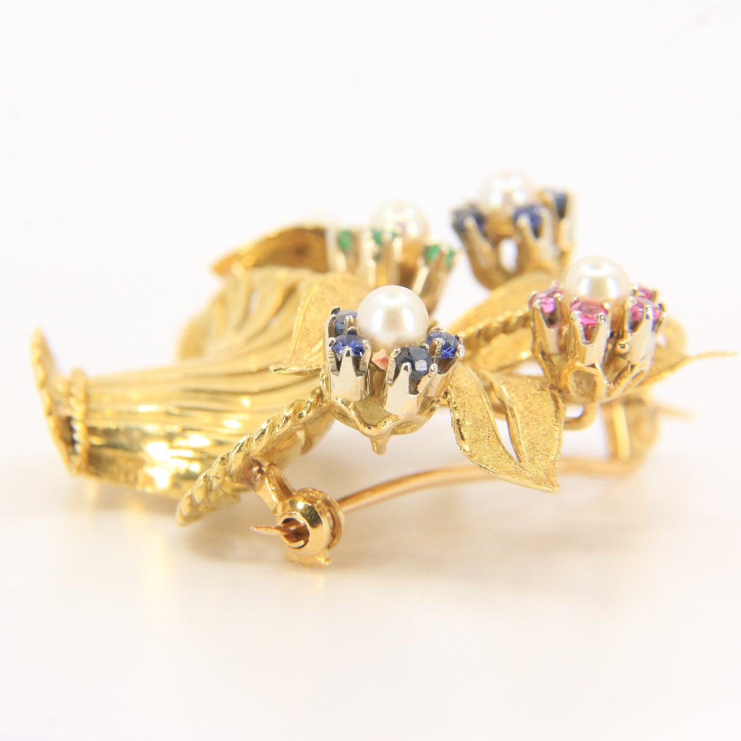 Vintage 18ct Gold Gardenia Brooch Hallmarked Pearl Emerald Topaz