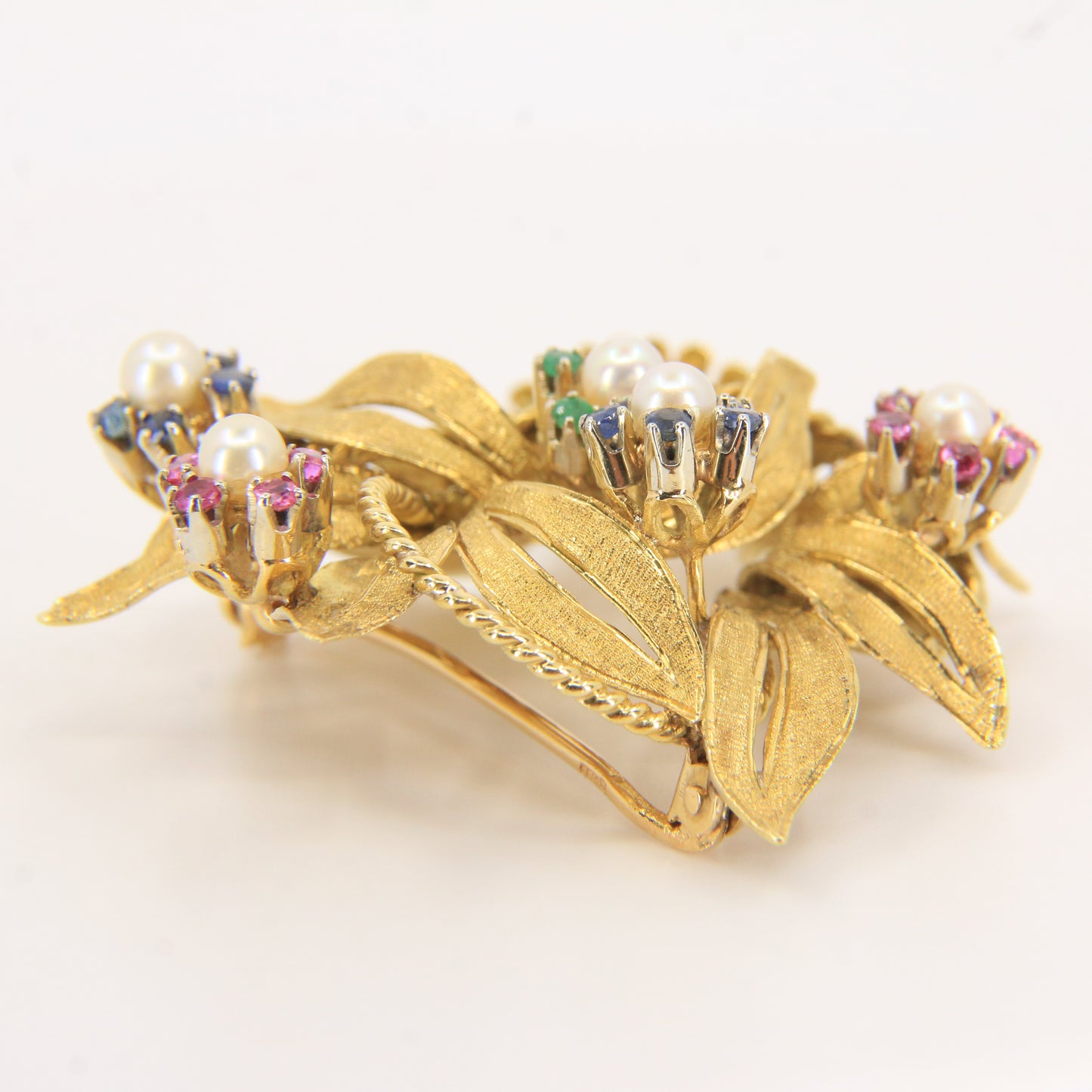 Vintage 18ct Gold Gardenia Brooch Hallmarked Pearl Emerald Topaz