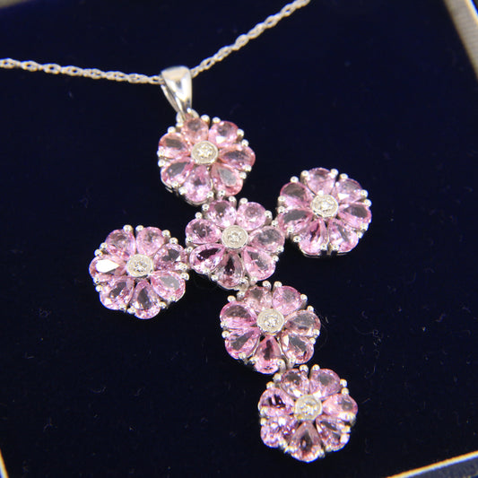Vintage 18ct Hallmarked White Gold Pink Sapphire Diamond 18 Inch Cross Pendant Necklace