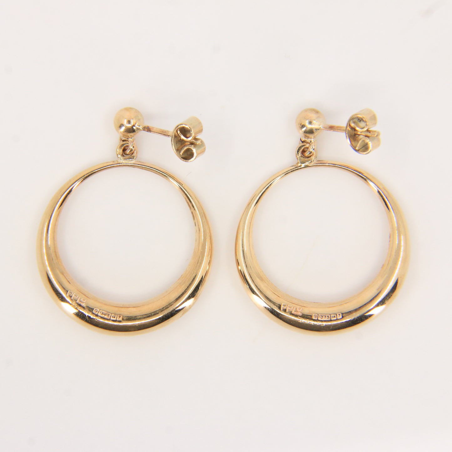 Vintage 9ct Gold Hoop Drop Earrings Hallmarked Crescent Circle Boxed Gift