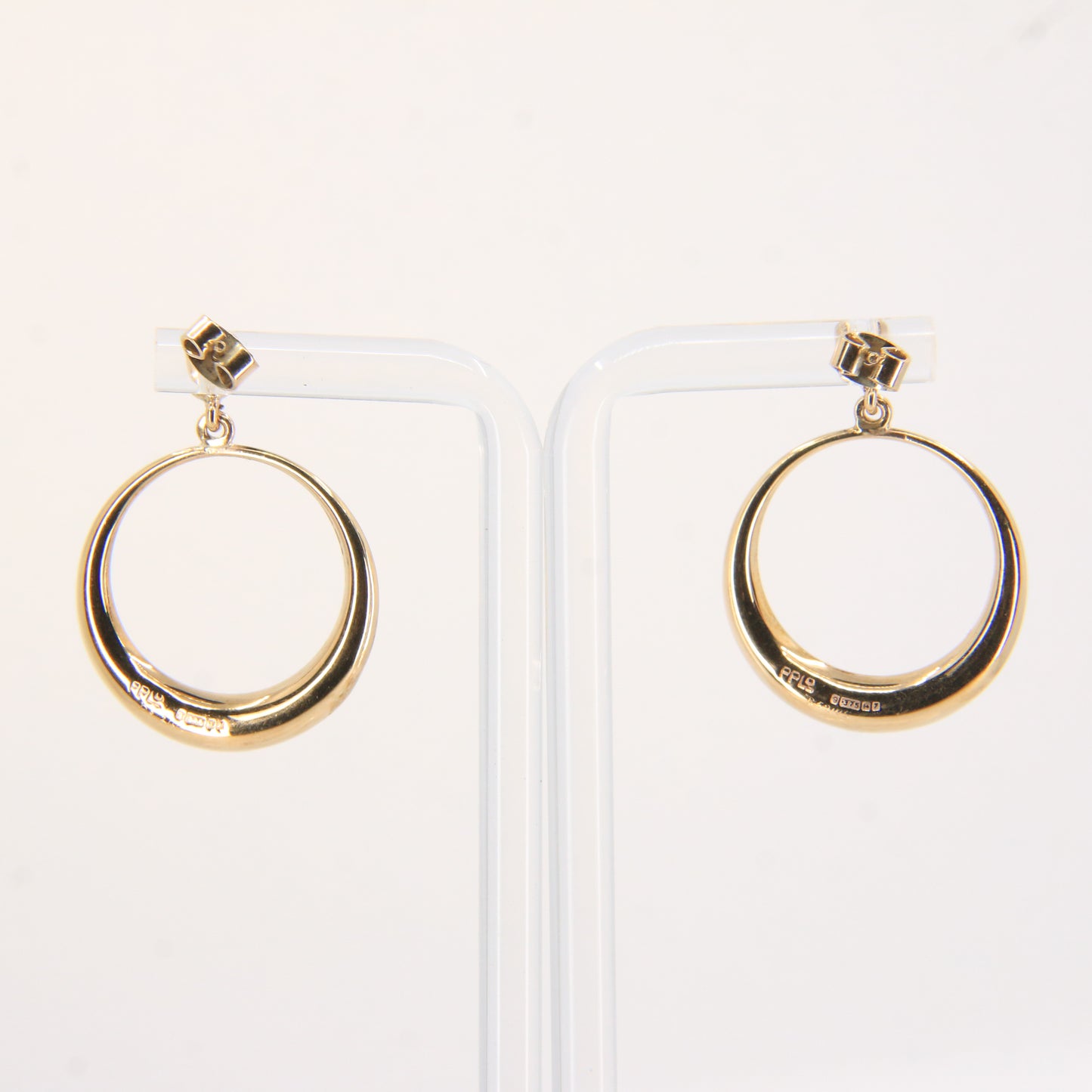 Vintage 9ct Gold Hoop Drop Earrings Hallmarked Crescent Circle Boxed Gift