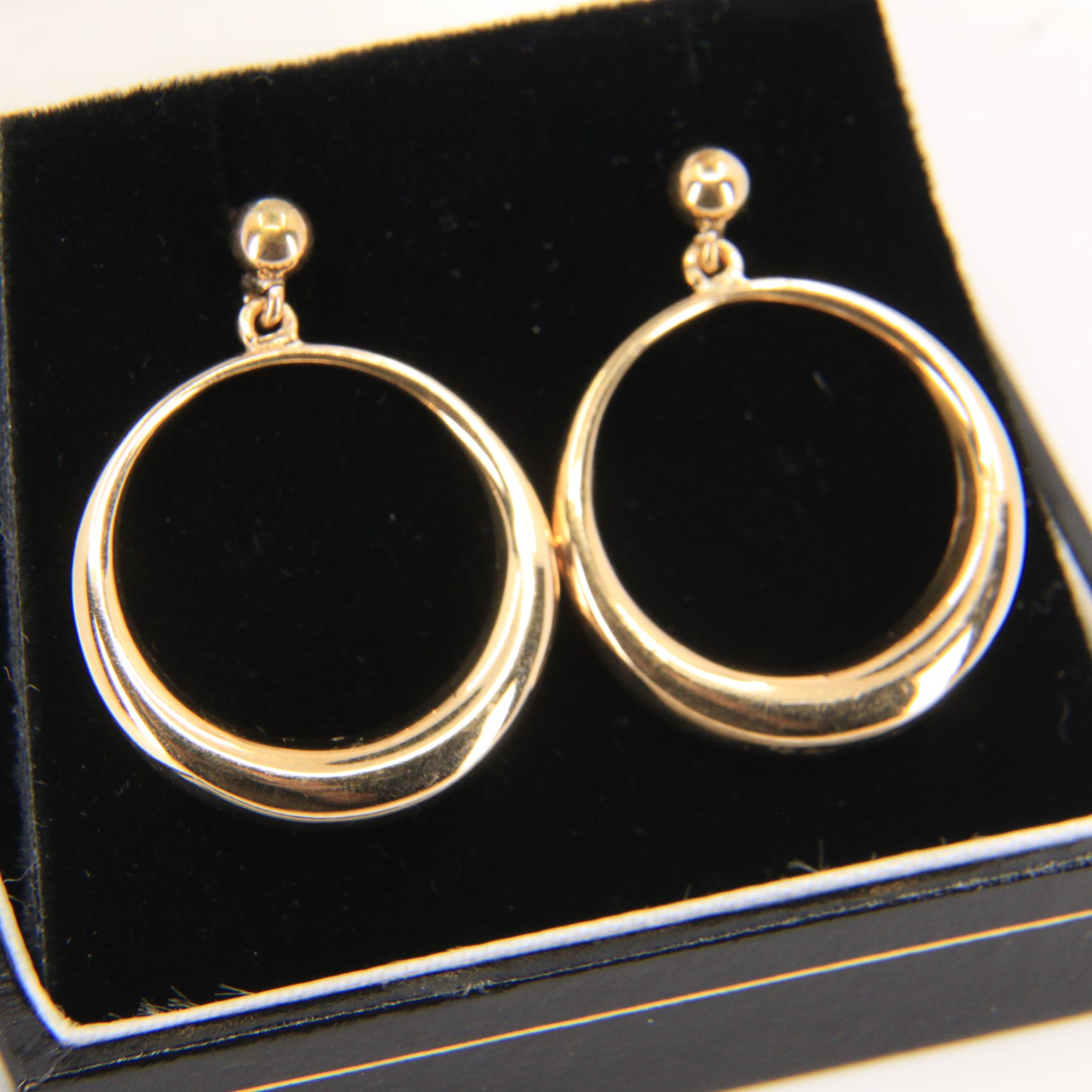 Vintage 9ct Gold Hoop Drop Earrings Hallmarked Crescent Circle Boxed Gift