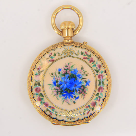 Antique 18k Gold Half Hunter 32mm Fob Watch Enamel Floral Case LeCompte Geneva