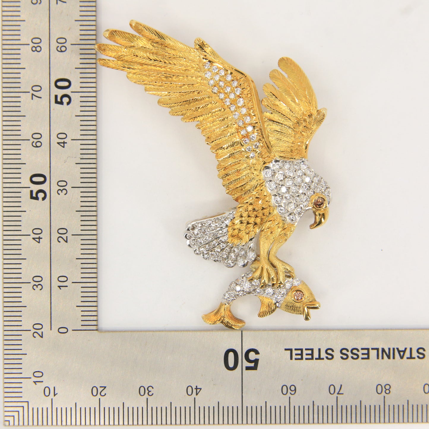 Vintage 18K Yellow & White Gold Roy Sarkin Designer Diamond Ruby Eagle with Fish Brooch