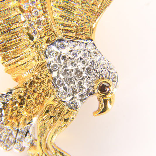 Vintage 18K Yellow & White Gold Roy Sarkin Designer Diamond Ruby Eagle with Fish Brooch