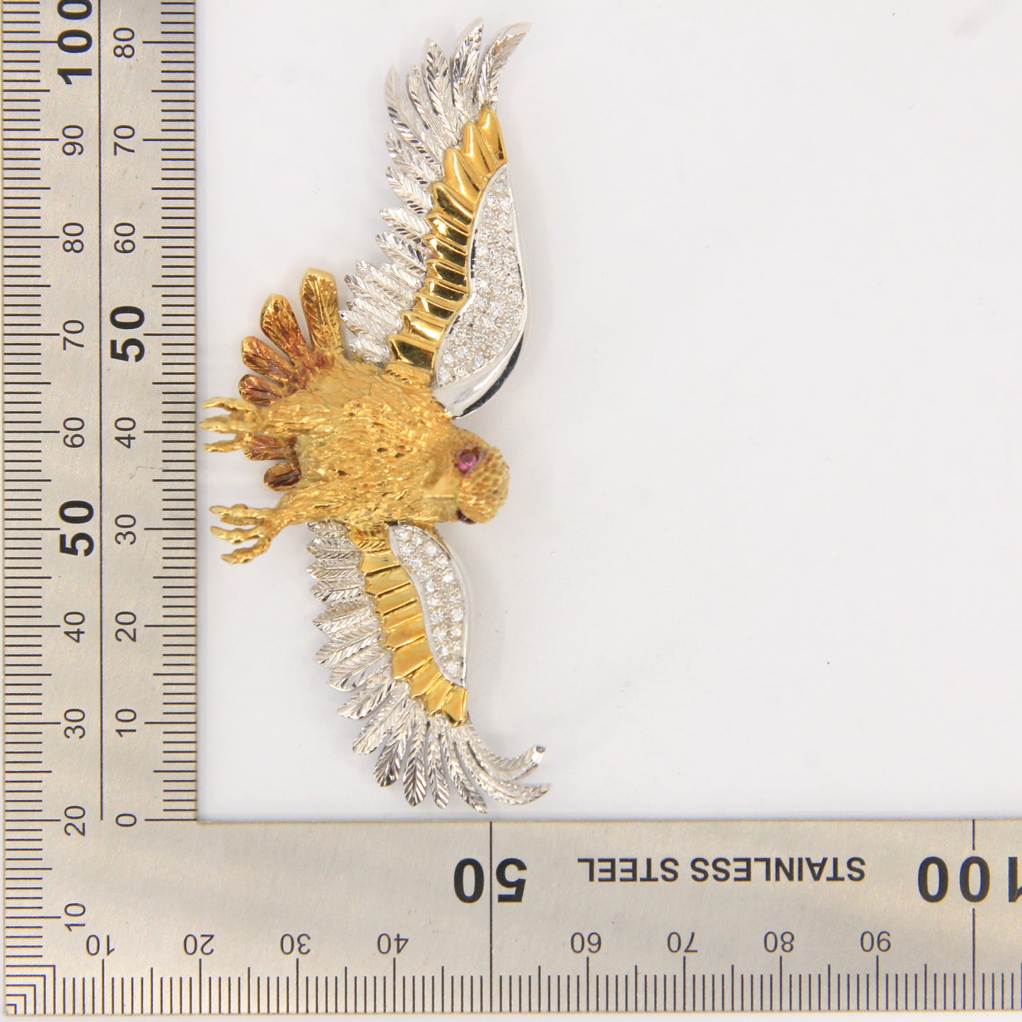 Vintage 18K Yellow & White Gold Roy Sarkin Designer Diamond Ruby Eagle Brooch