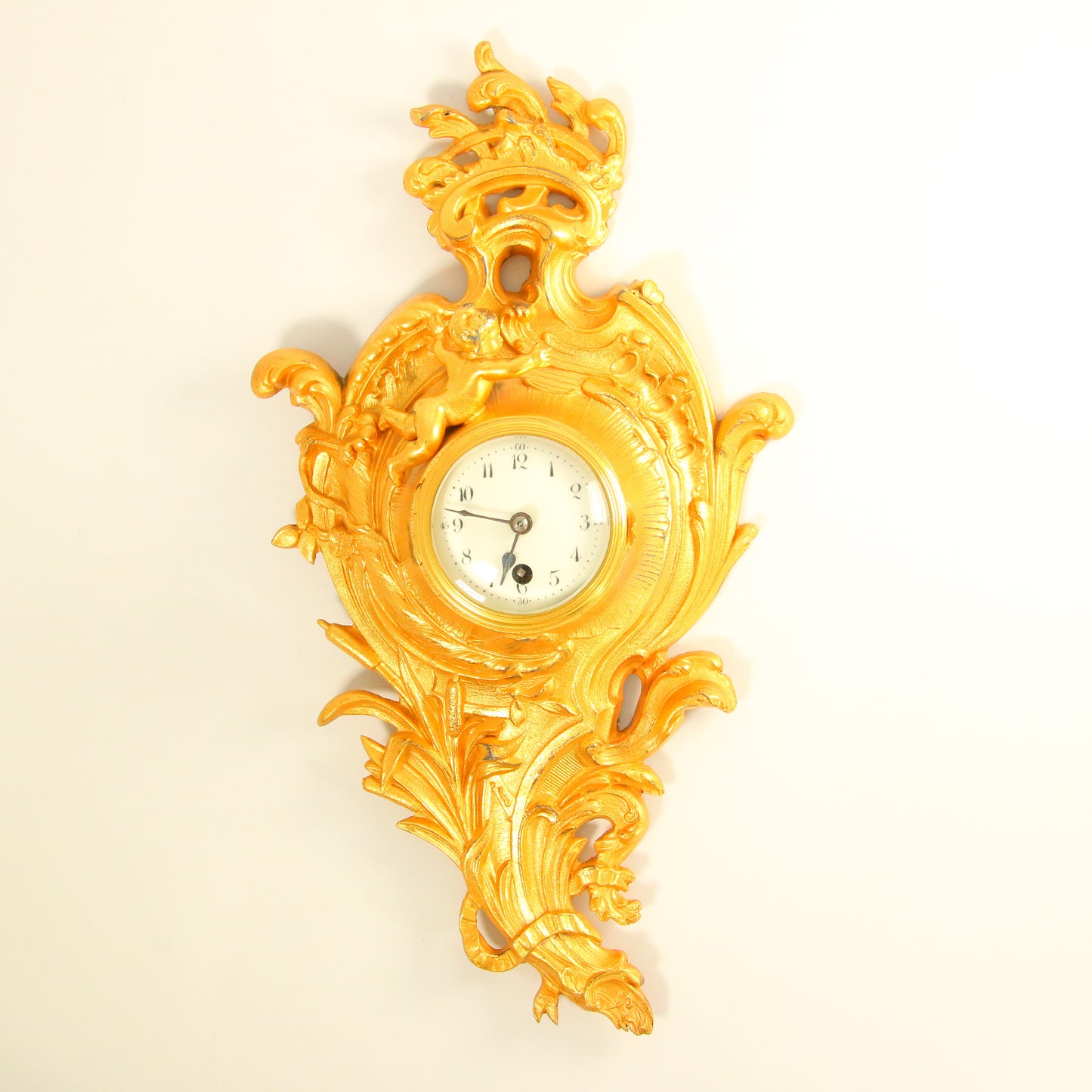 Antique 8 Day French Wall Clock Miniature Cartel Gold Clock Gilt Bronze Cherub