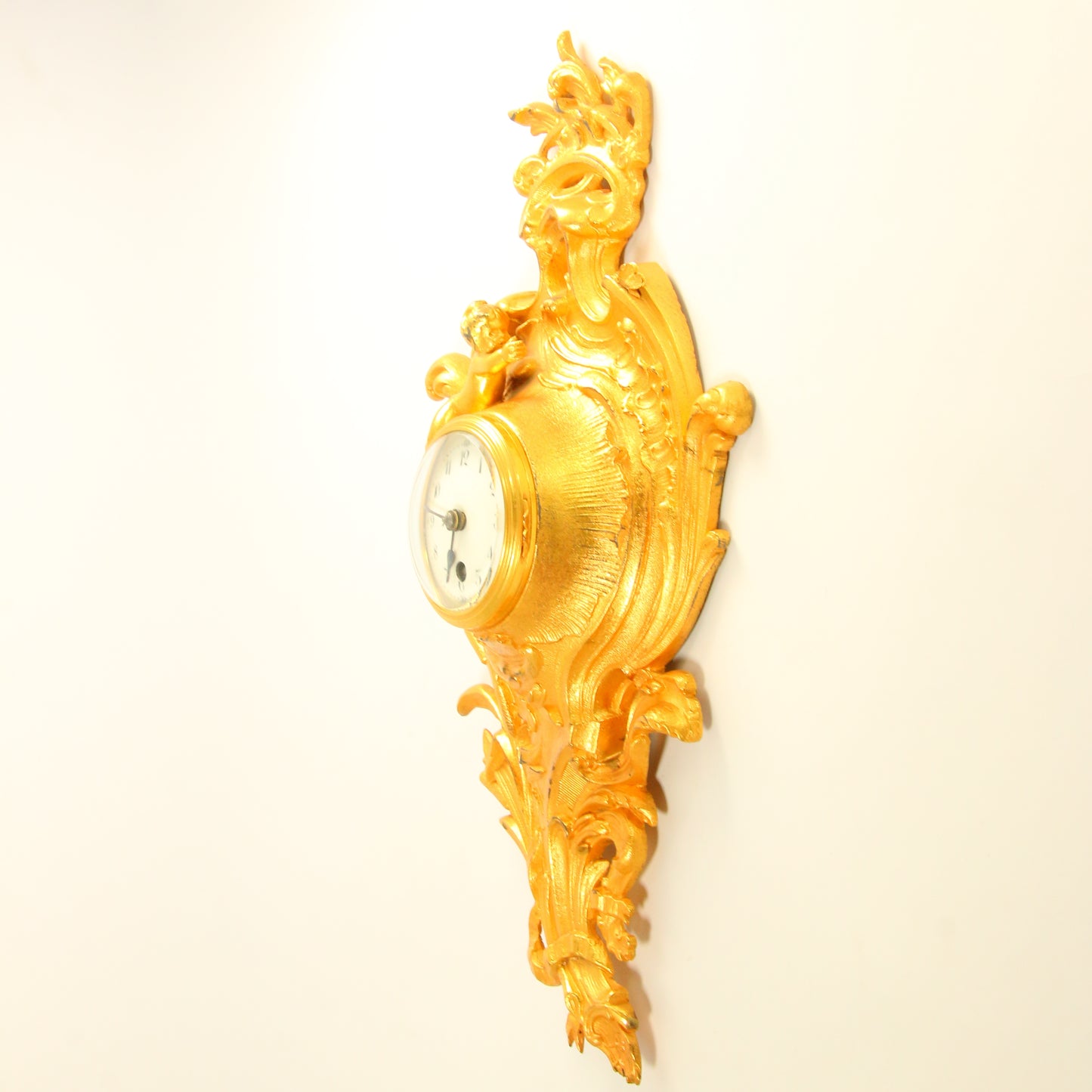 Antique 8 Day French Wall Clock Miniature Cartel Gold Clock Gilt Bronze Cherub