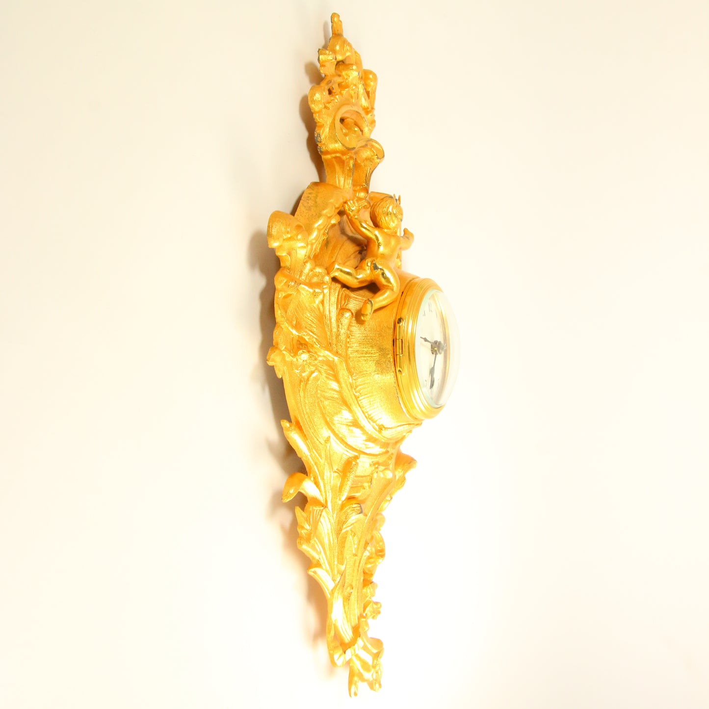 Antique 8 Day French Wall Clock Miniature Cartel Gold Clock Gilt Bronze Cherub