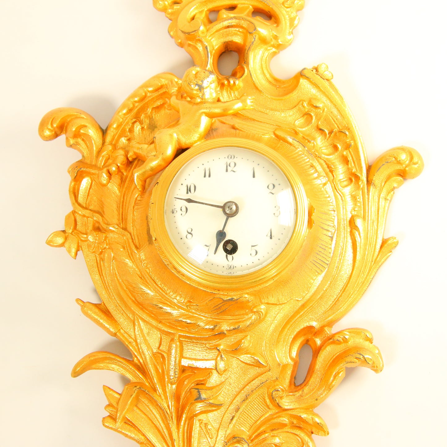 Antique 8 Day French Wall Clock Miniature Cartel Gold Clock Gilt Bronze Cherub
