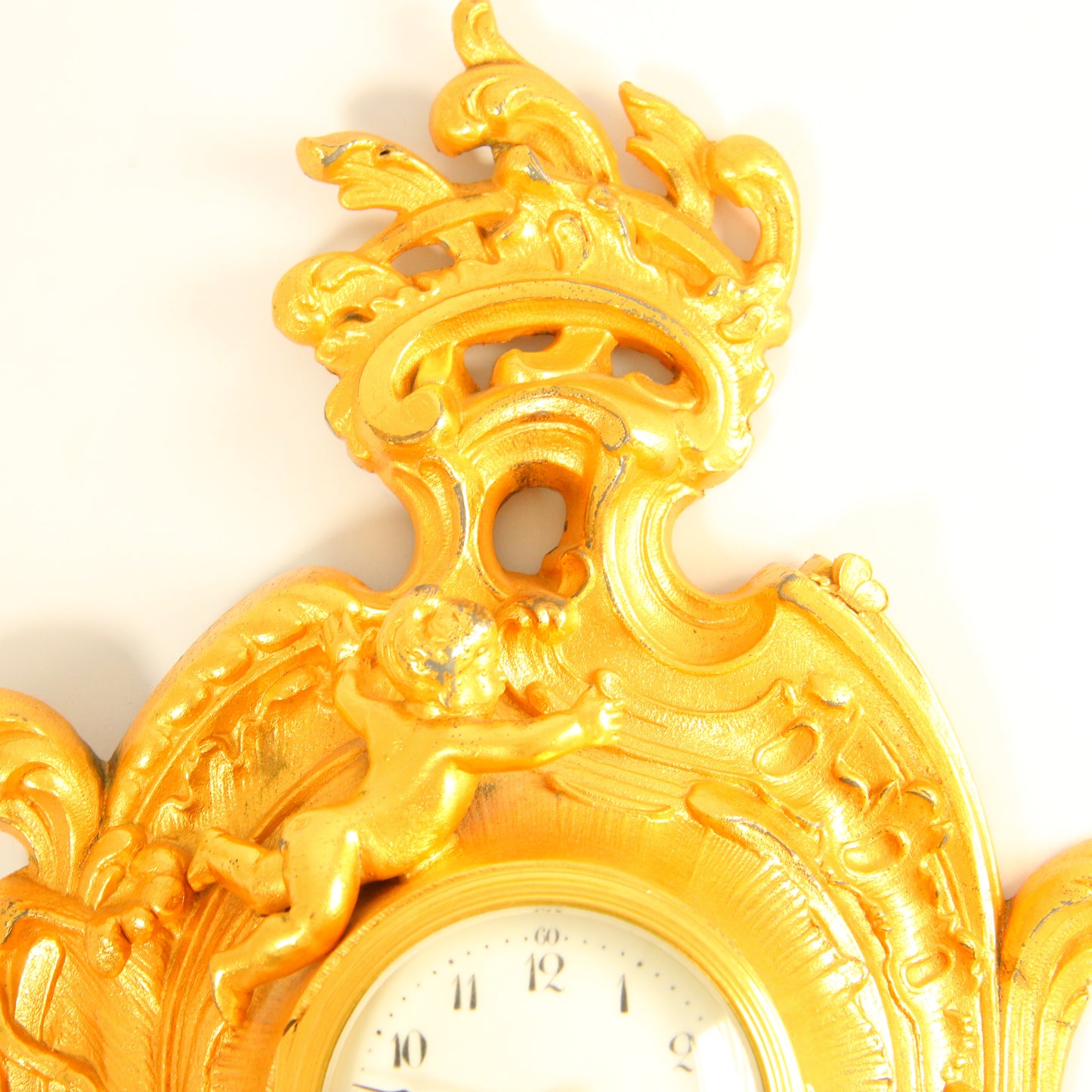 Antique 8 Day French Wall Clock Miniature Cartel Gold Clock Gilt Bronze Cherub