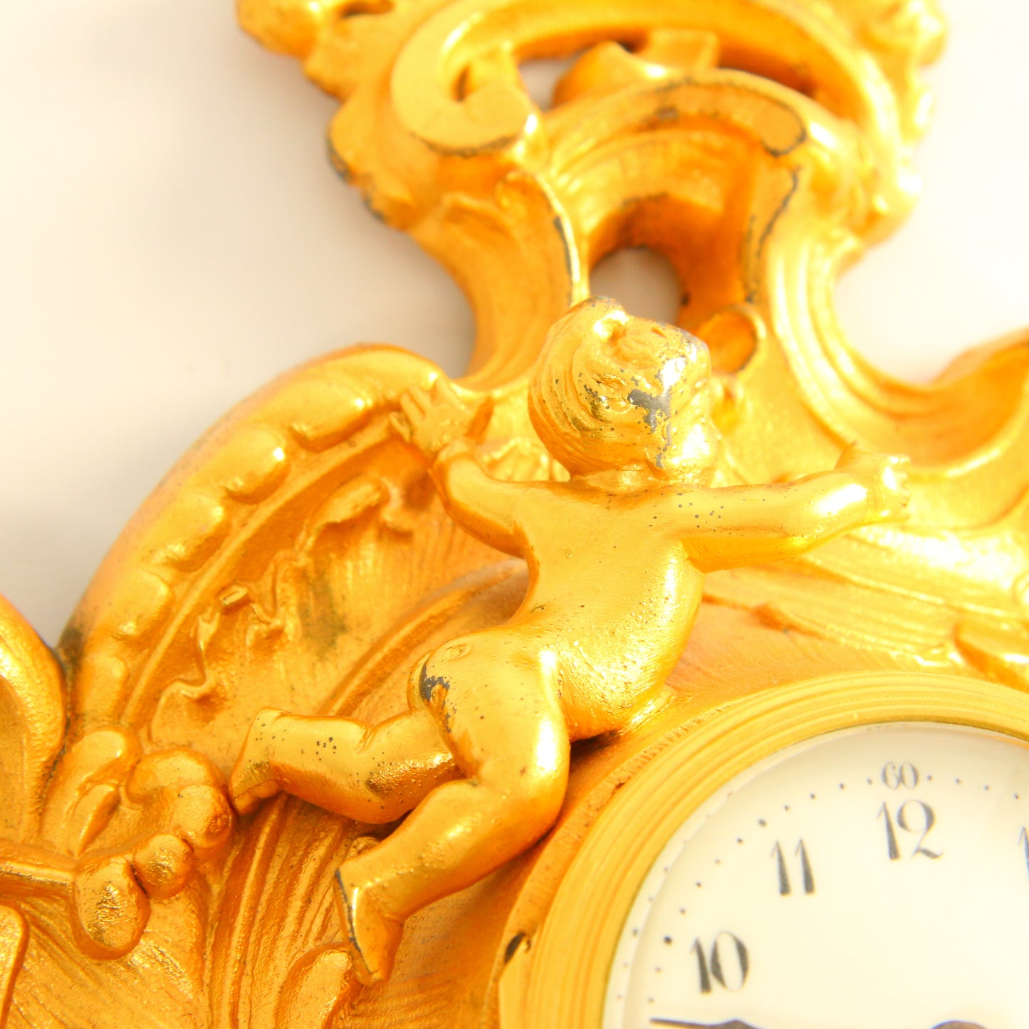 Antique 8 Day French Wall Clock Miniature Cartel Gold Clock Gilt Bronze Cherub