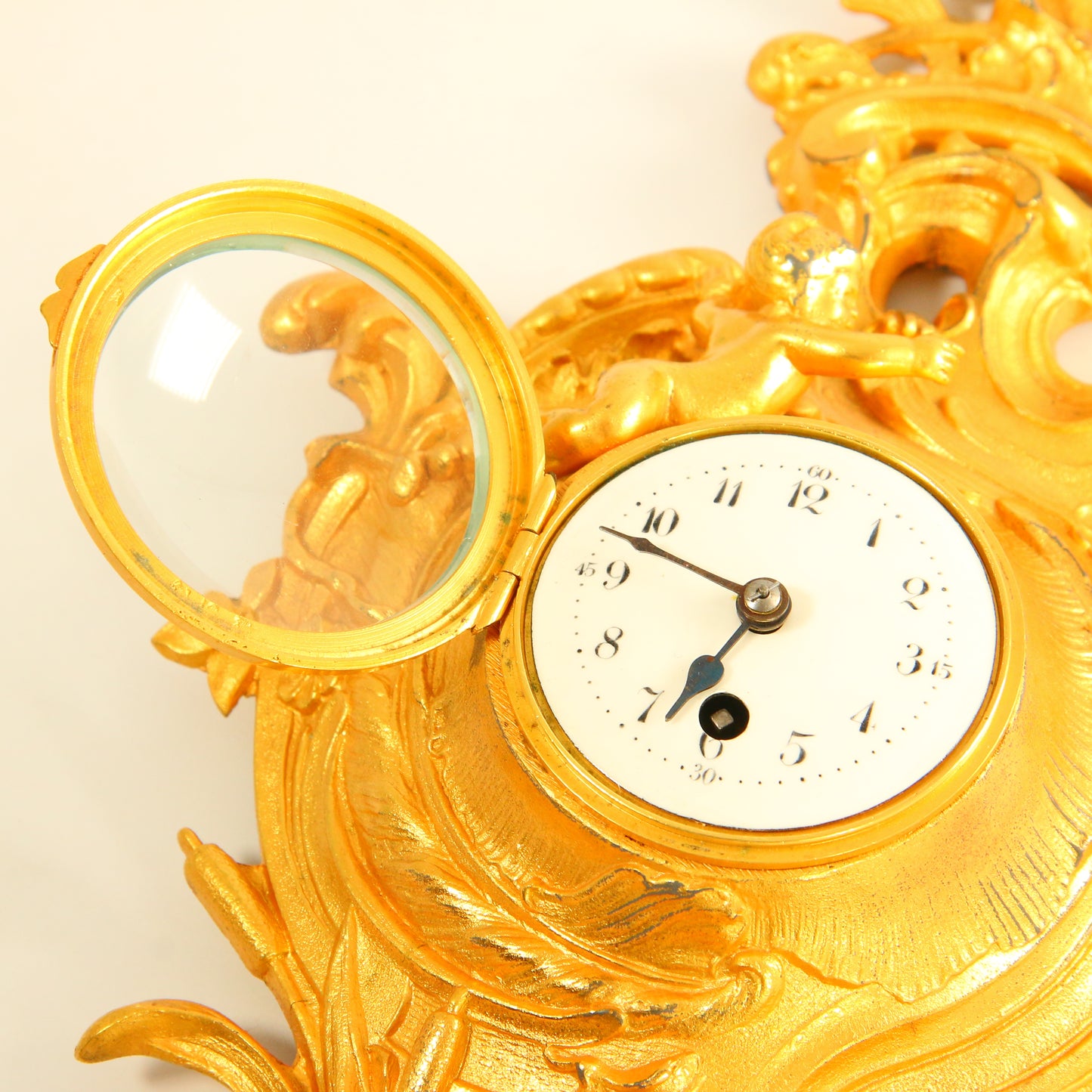 Antique 8 Day French Wall Clock Miniature Cartel Gold Clock Gilt Bronze Cherub