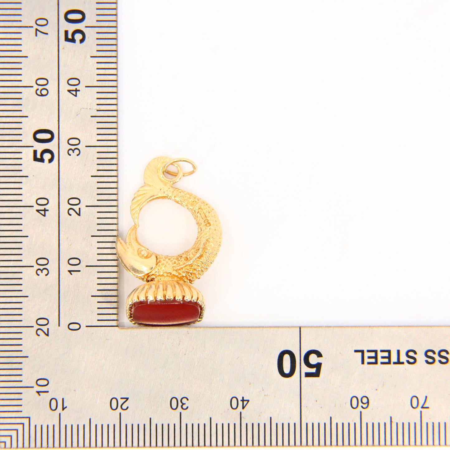 Vintage 9ct Drop Pendant Fish Charm Carnelian Stone Hallmarked Yellow Gold Gift