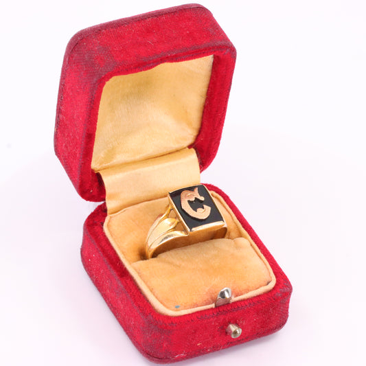 Antique 9ct Yellow Gold Onyx Victorian Mourning Ring Initial C UK Size O Boxed