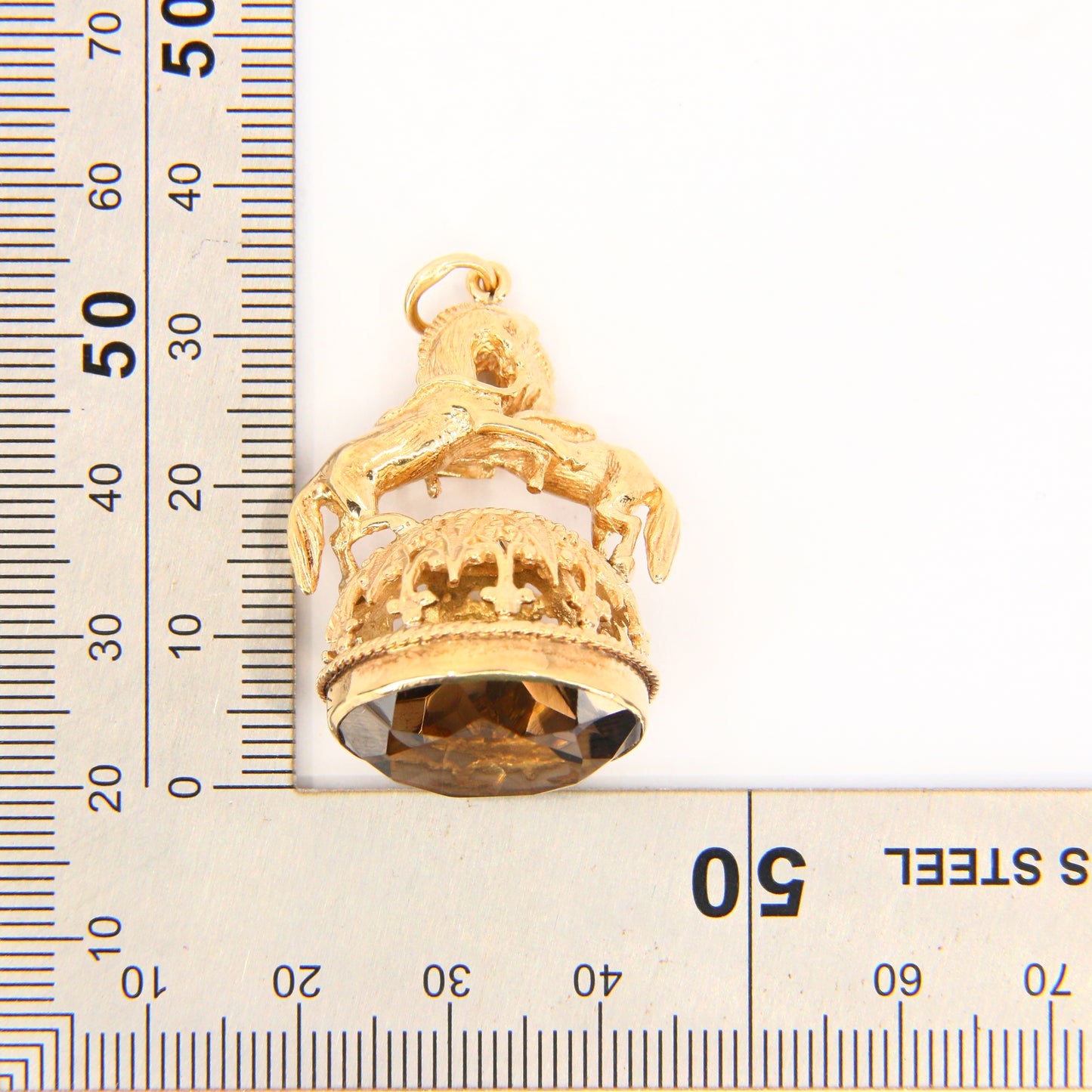 Vintage 9ct British 2 Horse Equine Citrine Drop Pendant Yellow Gold Hallmarked 1981 Charm