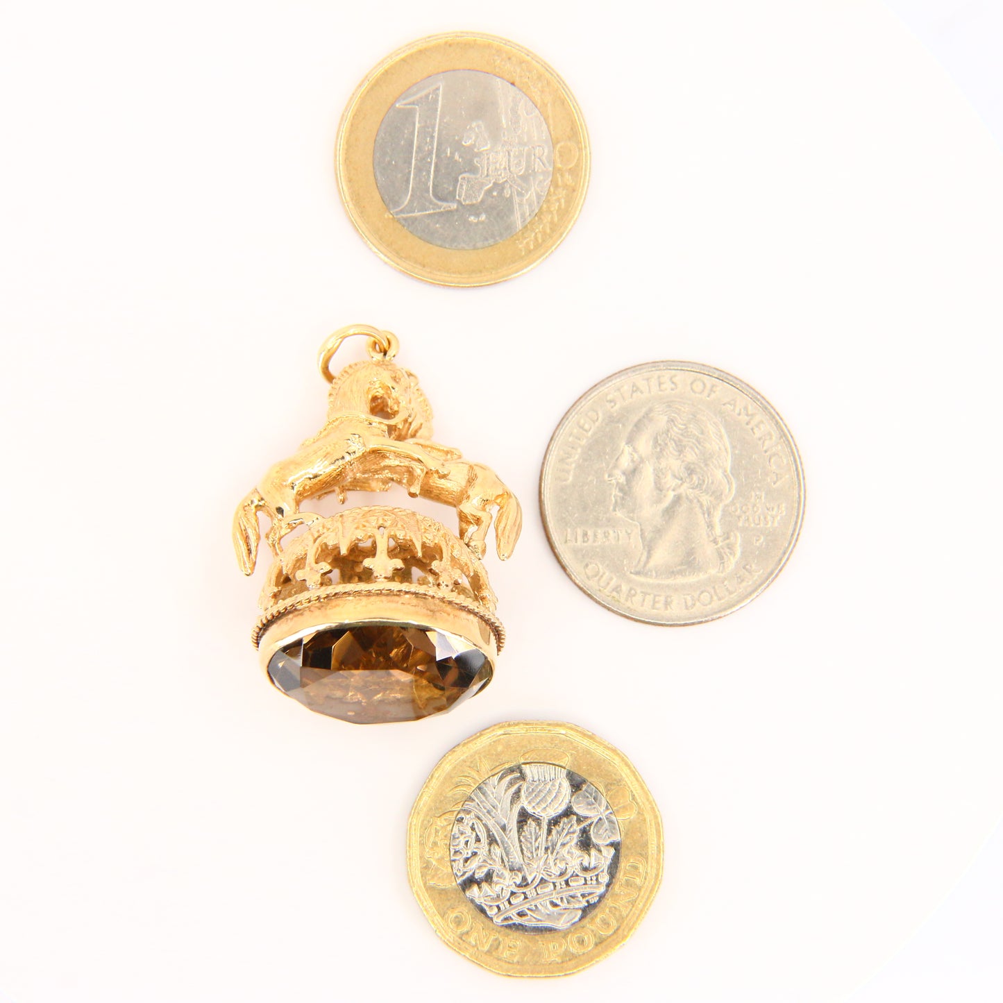 Vintage 9ct British 2 Horse Equine Citrine Drop Pendant Yellow Gold Hallmarked 1981 Charm